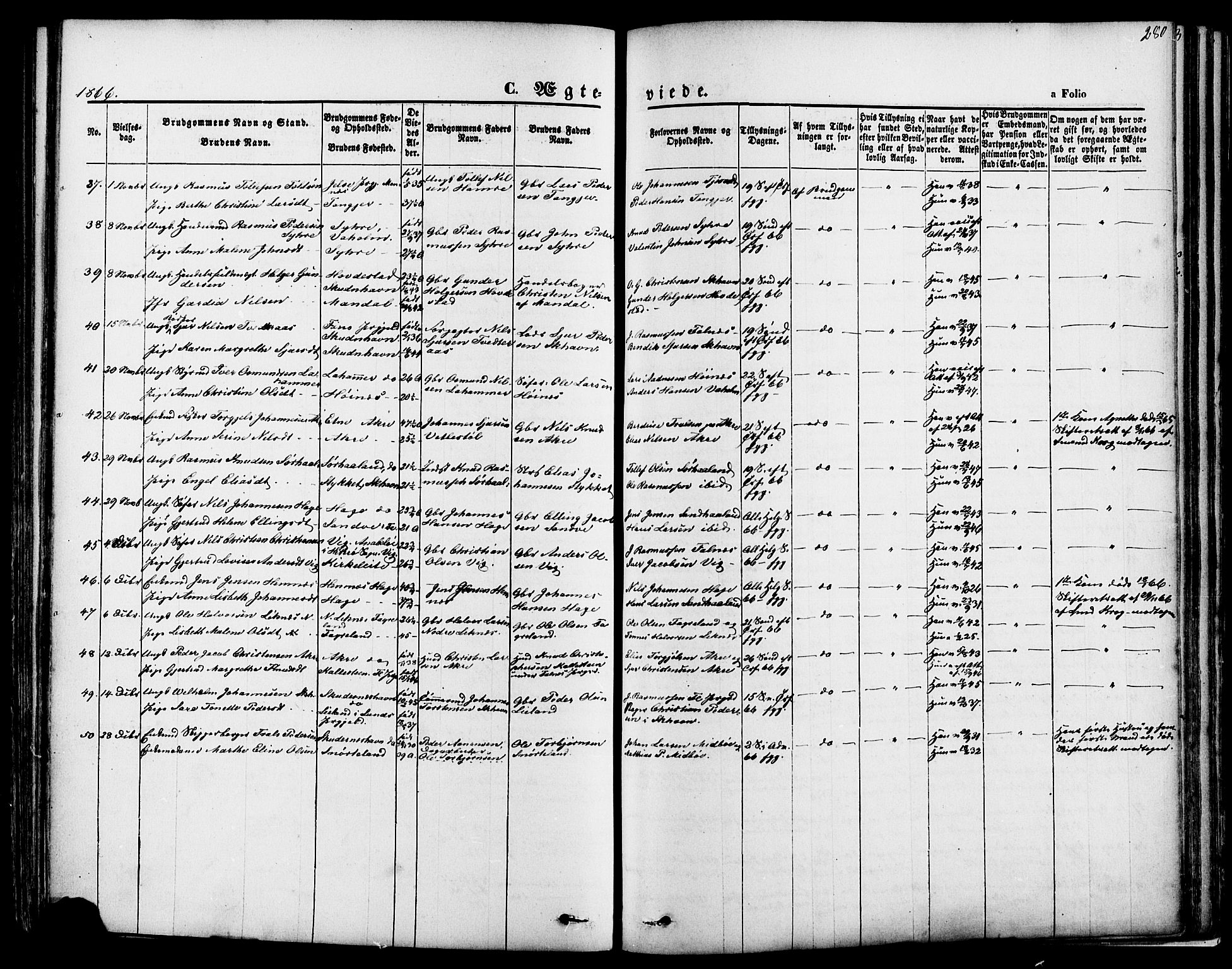 Skudenes sokneprestkontor, SAST/A -101849/H/Ha/Haa/L0006: Parish register (official) no. A 4, 1864-1881, p. 280