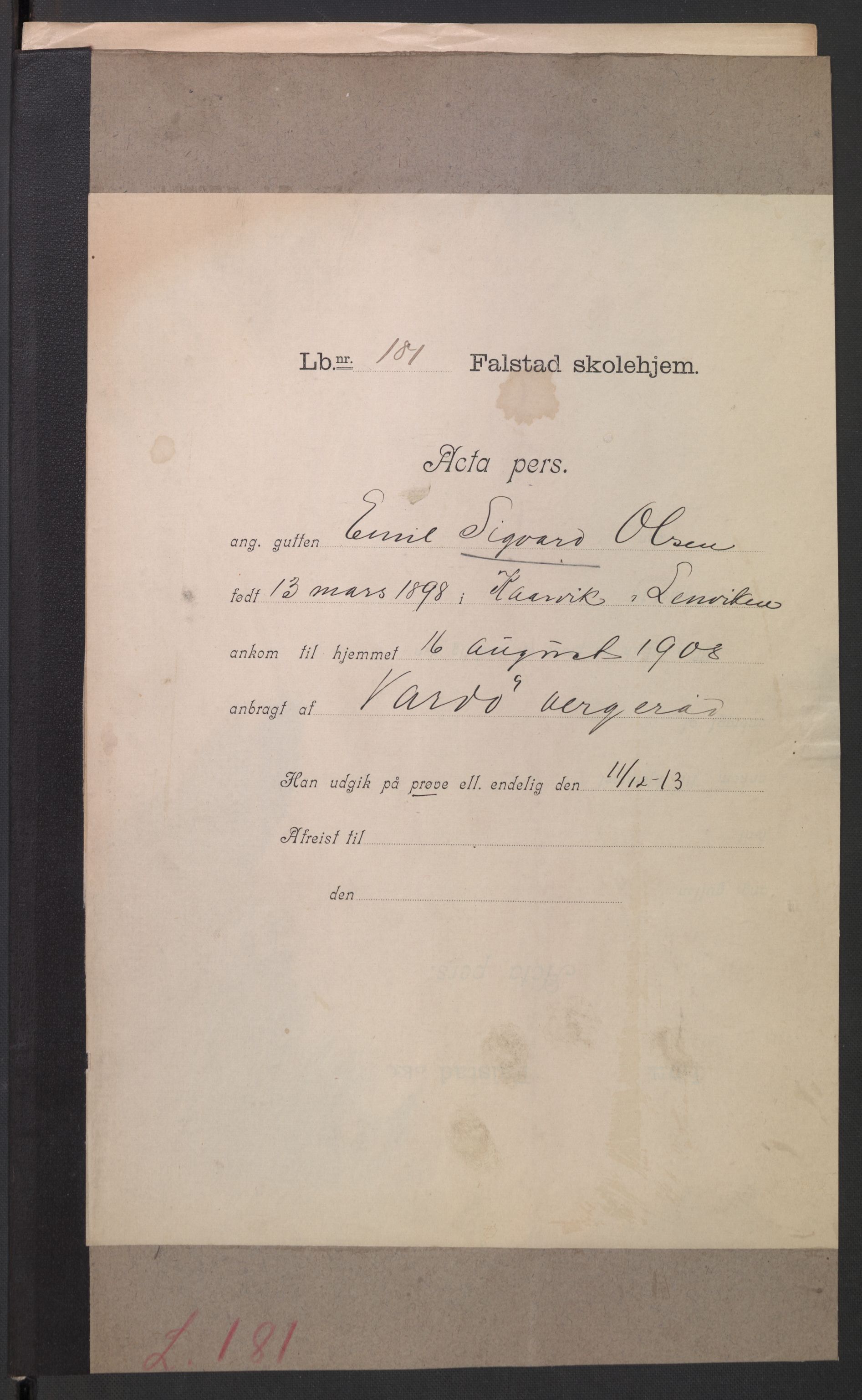 Falstad skolehjem, RA/S-1676/E/Eb/L0008: Elevmapper løpenr. 169-188, 1907-1914, p. 248