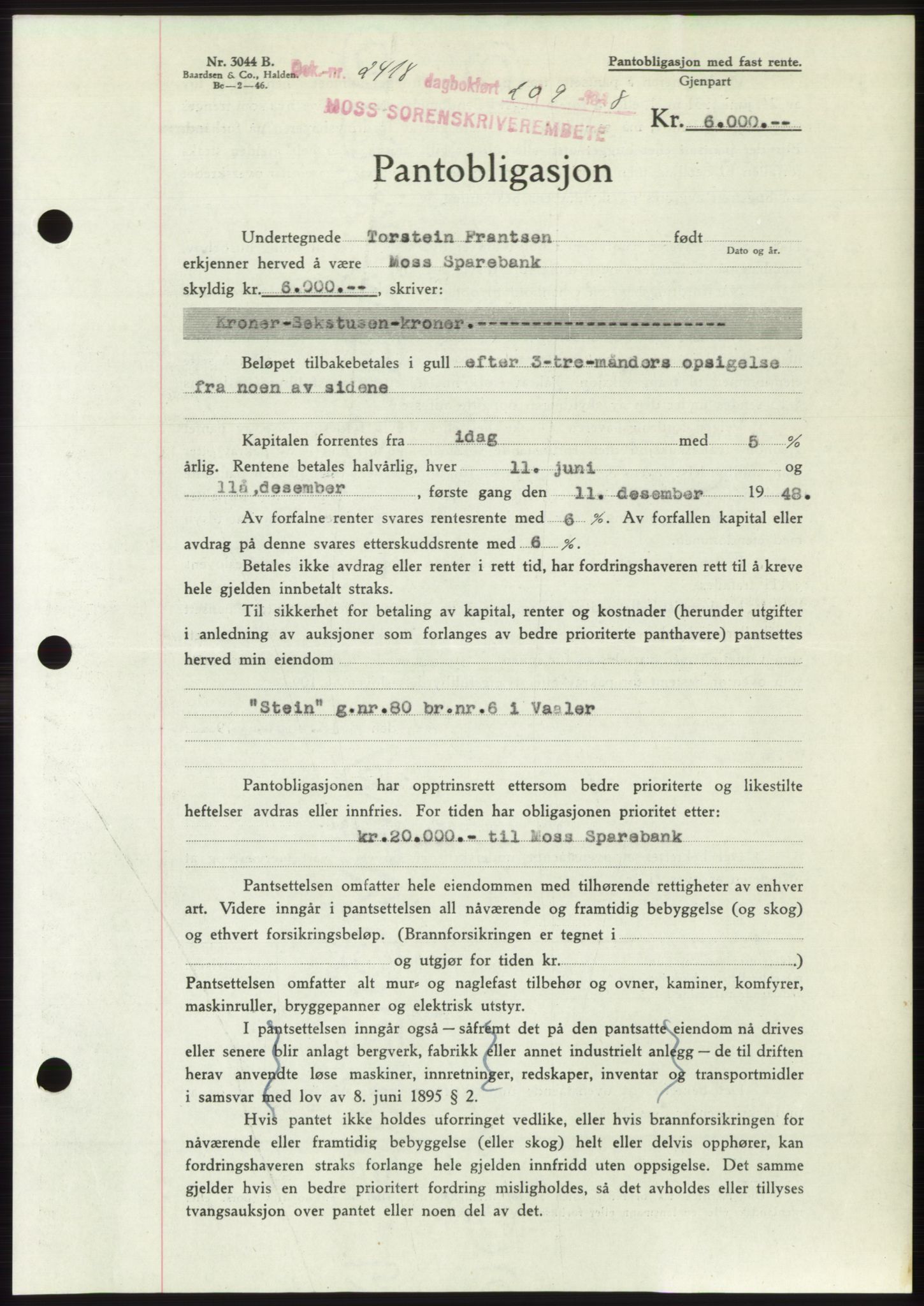 Moss sorenskriveri, AV/SAO-A-10168: Mortgage book no. B20, 1948-1948, Diary no: : 2418/1948