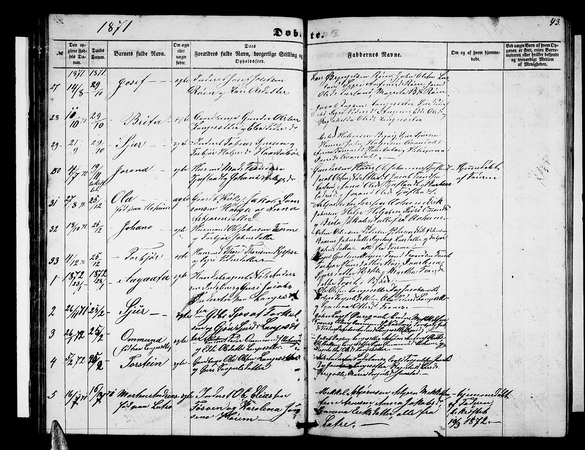 Ullensvang sokneprestembete, SAB/A-78701/H/Hab: Parish register (copy) no. E 6, 1857-1886, p. 43