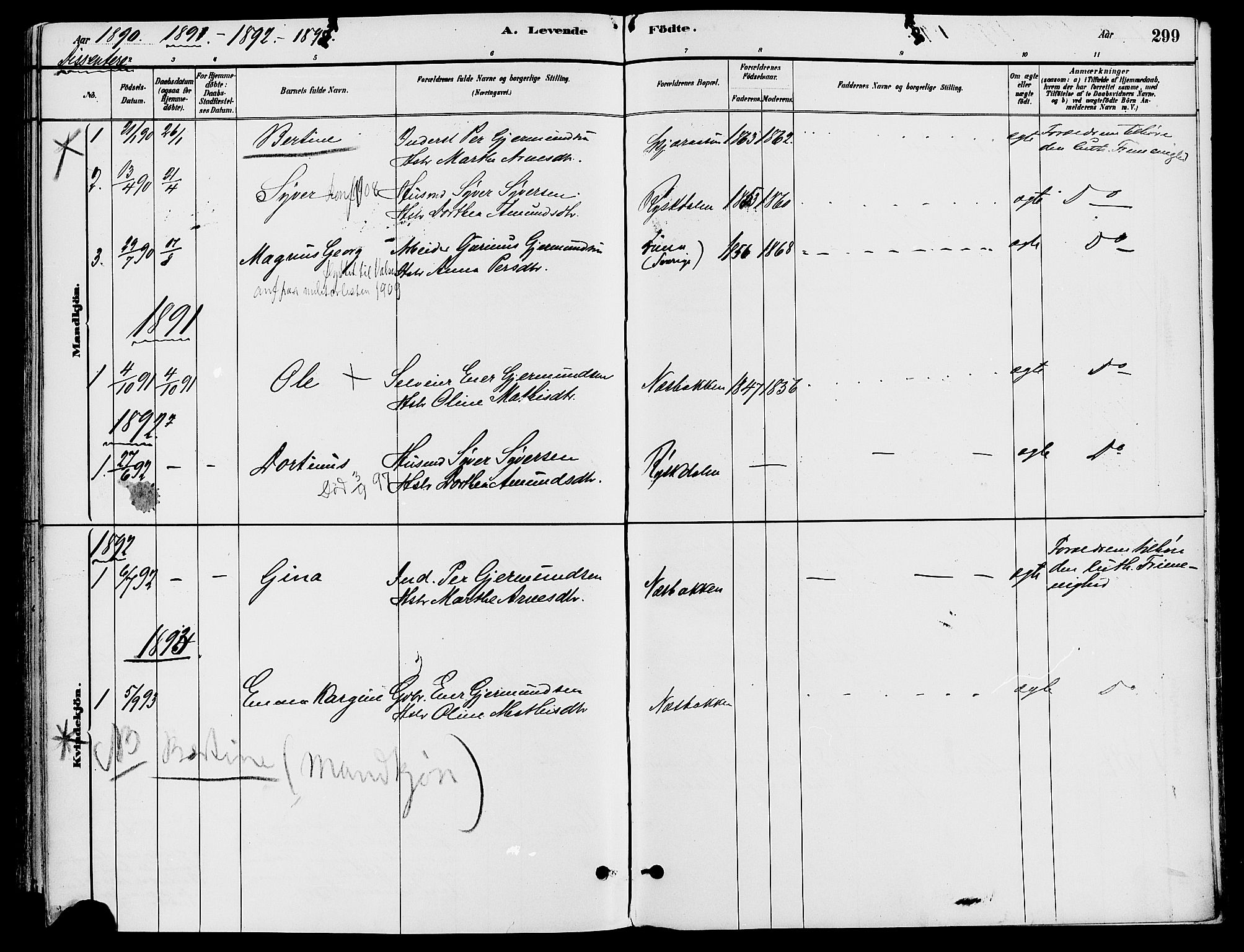 Trysil prestekontor, AV/SAH-PREST-046/H/Ha/Haa/L0008: Parish register (official) no. 8, 1881-1897, p. 299