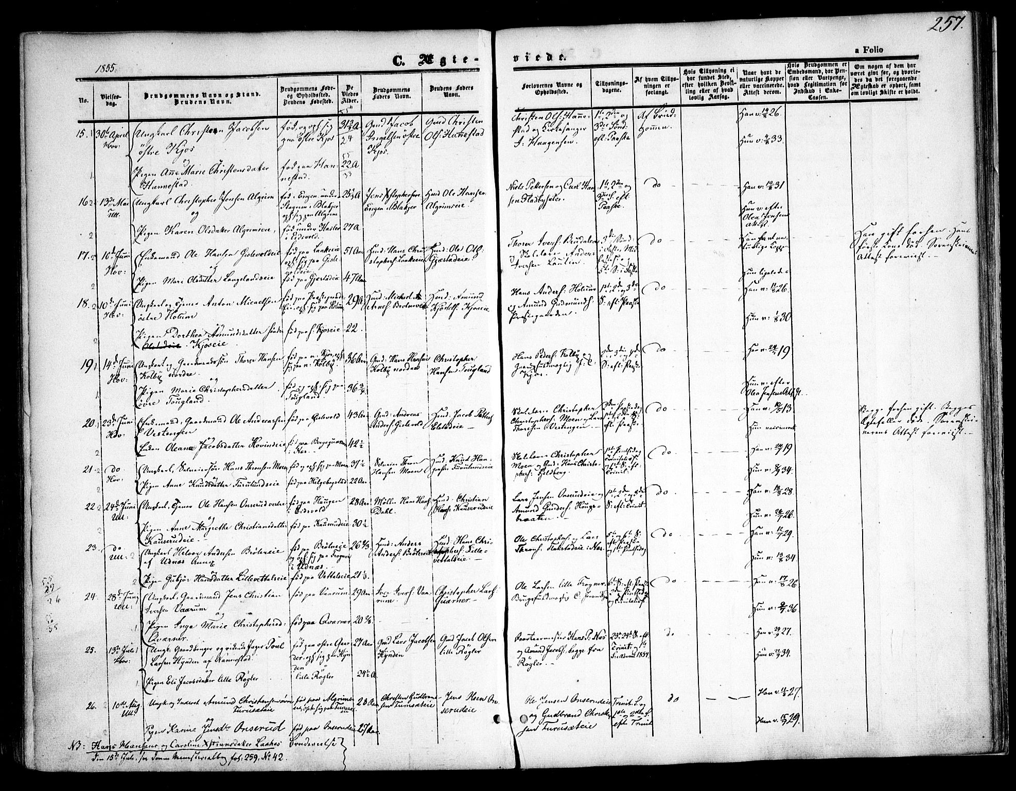 Ullensaker prestekontor Kirkebøker, SAO/A-10236a/F/Fa/L0015.a: Parish register (official) no. I 15A, 1851-1862, p. 257