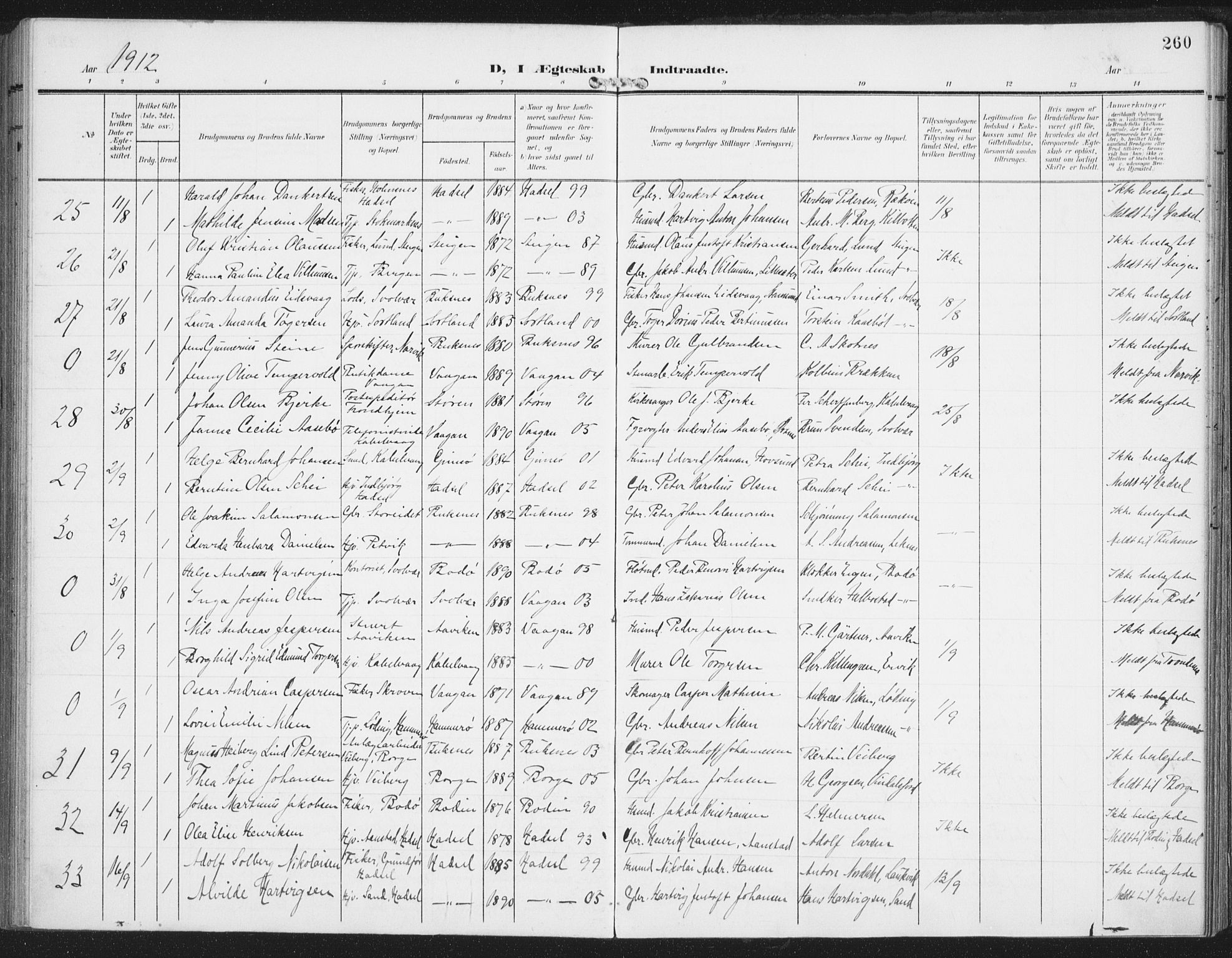 Ministerialprotokoller, klokkerbøker og fødselsregistre - Nordland, AV/SAT-A-1459/874/L1063: Parish register (official) no. 874A07, 1907-1915, p. 260