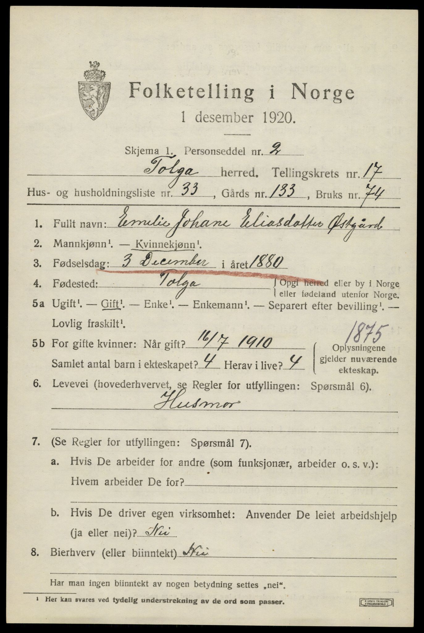 SAH, 1920 census for Tolga, 1920, p. 8153