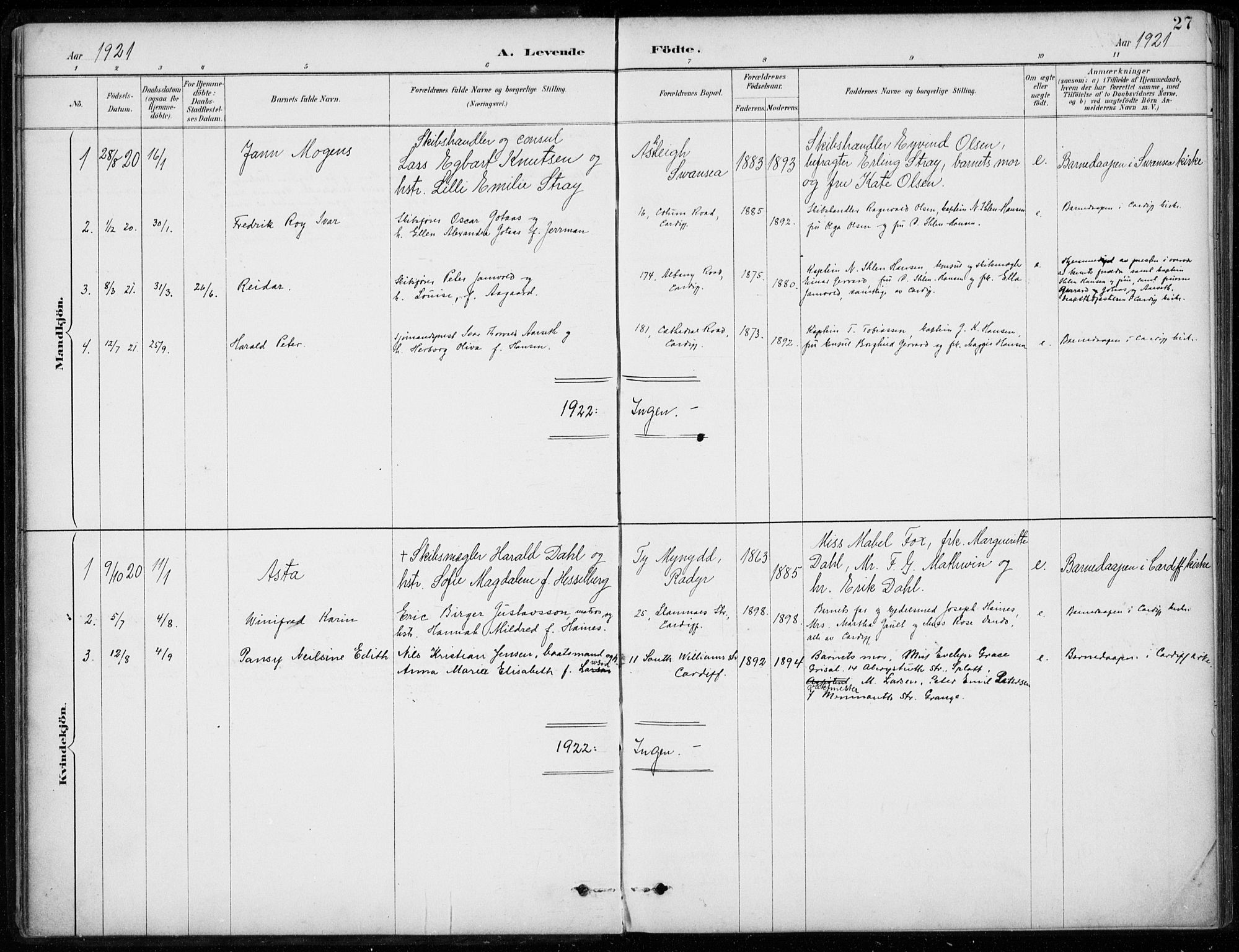 Den norske sjømannsmisjon i utlandet/Bristolhavnene(Cardiff-Swansea), AV/SAB-SAB/PA-0102/H/Ha/Haa/L0002: Parish register (official) no. A 2, 1887-1932, p. 27