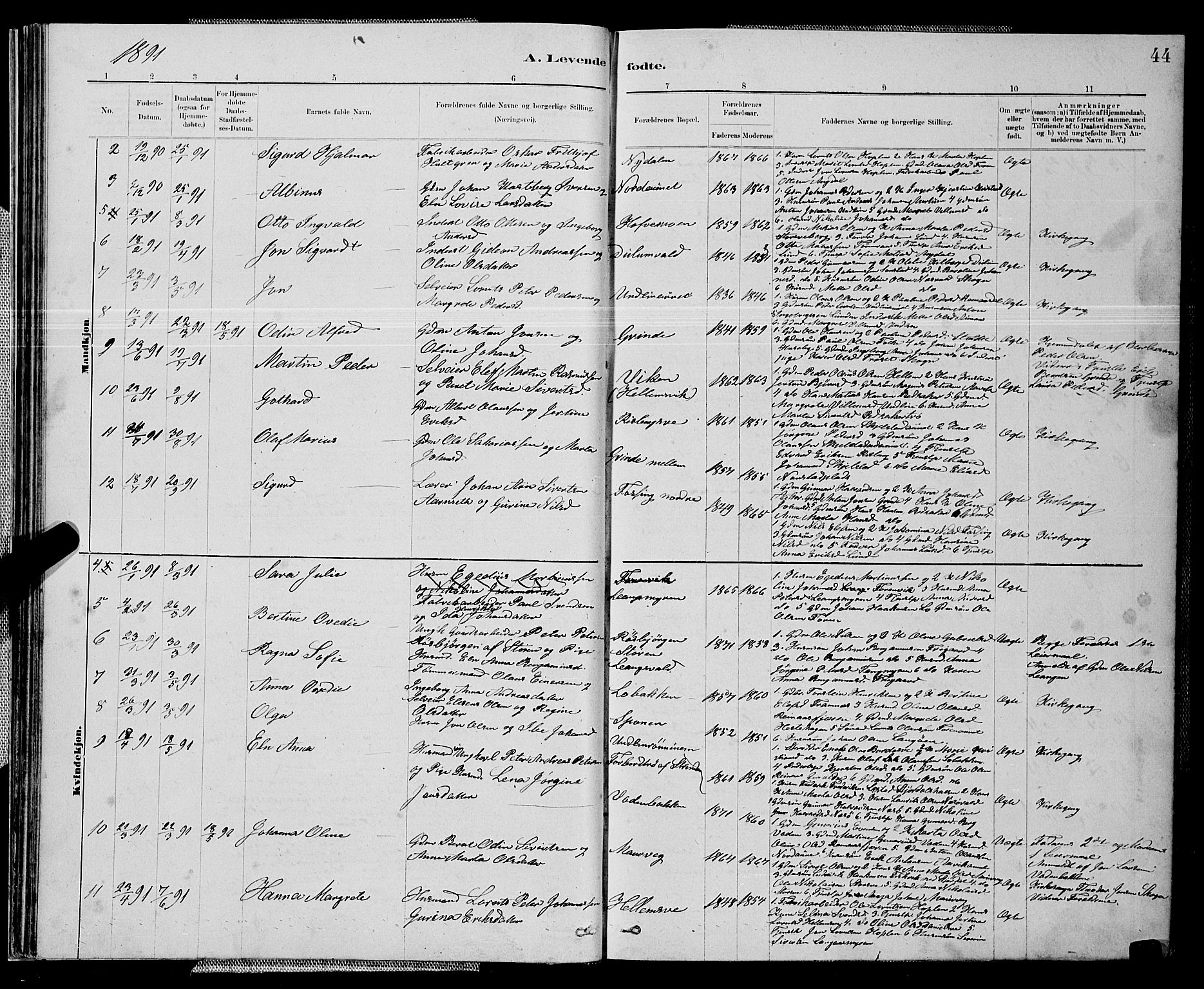Ministerialprotokoller, klokkerbøker og fødselsregistre - Nord-Trøndelag, AV/SAT-A-1458/714/L0134: Parish register (copy) no. 714C03, 1878-1898, p. 44