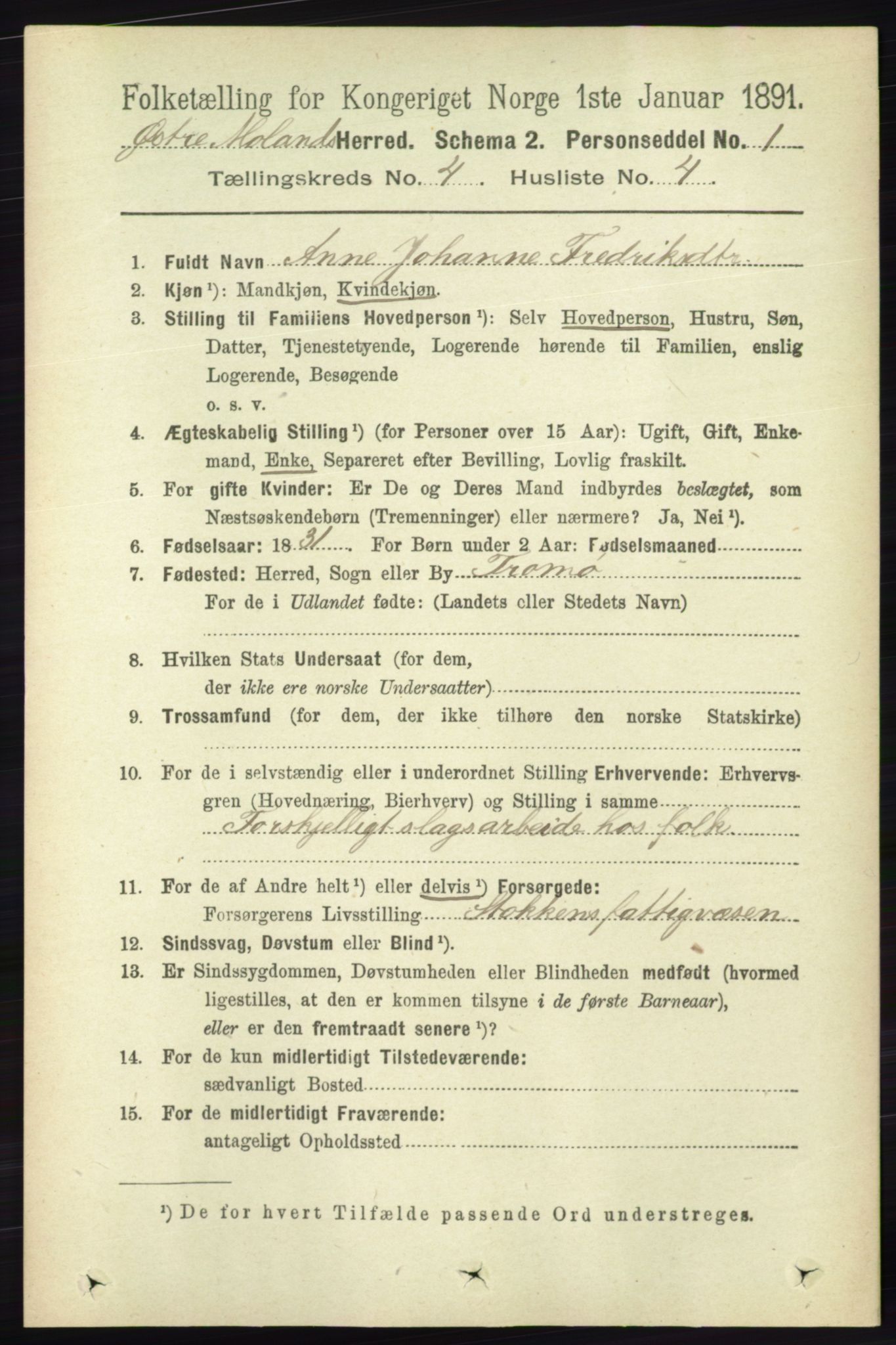 RA, 1891 census for 0918 Austre Moland, 1891, p. 2093