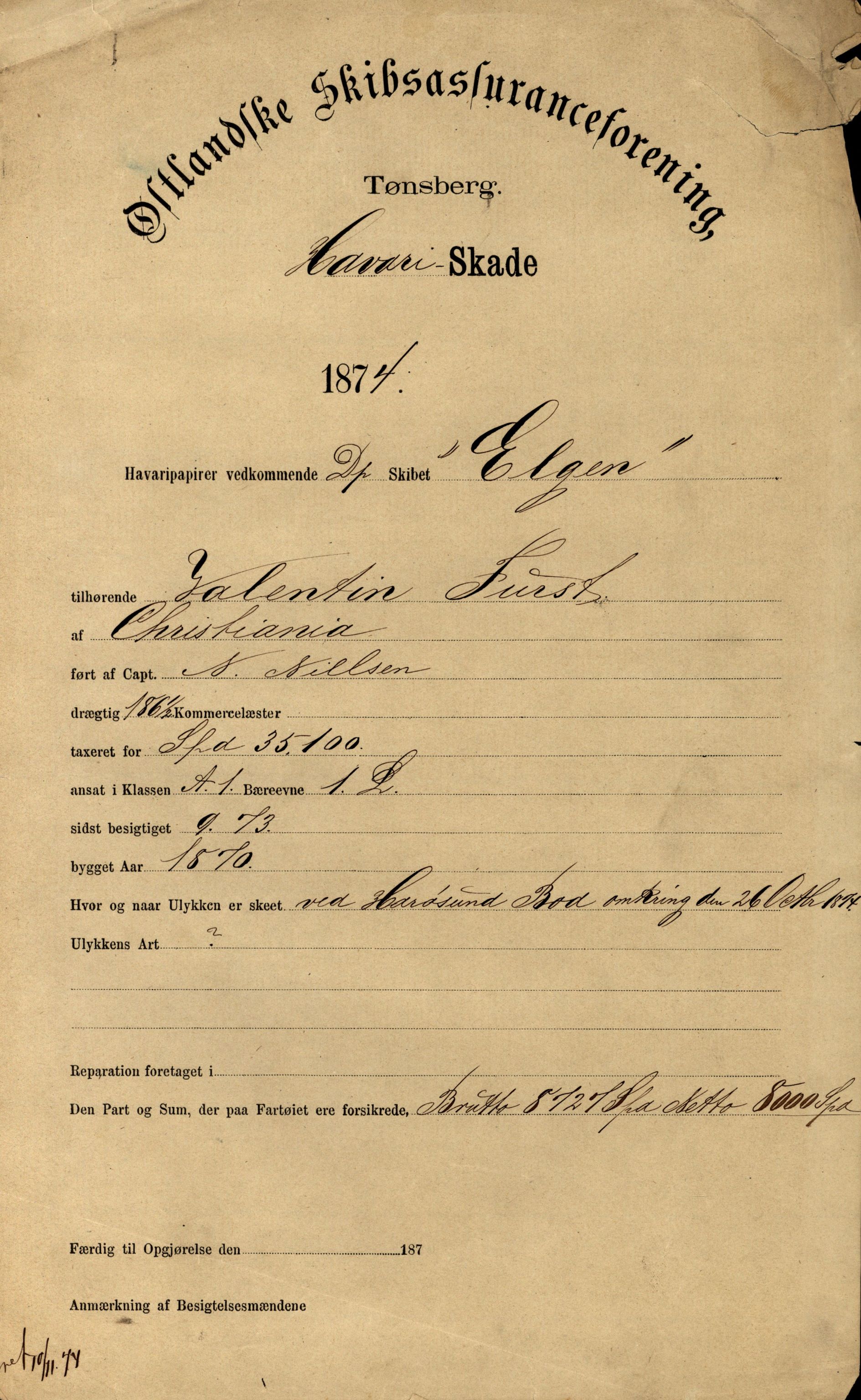 Pa 63 - Østlandske skibsassuranceforening, VEMU/A-1079/G/Ga/L0006/0012: Havaridokumenter / Elgen, 1874