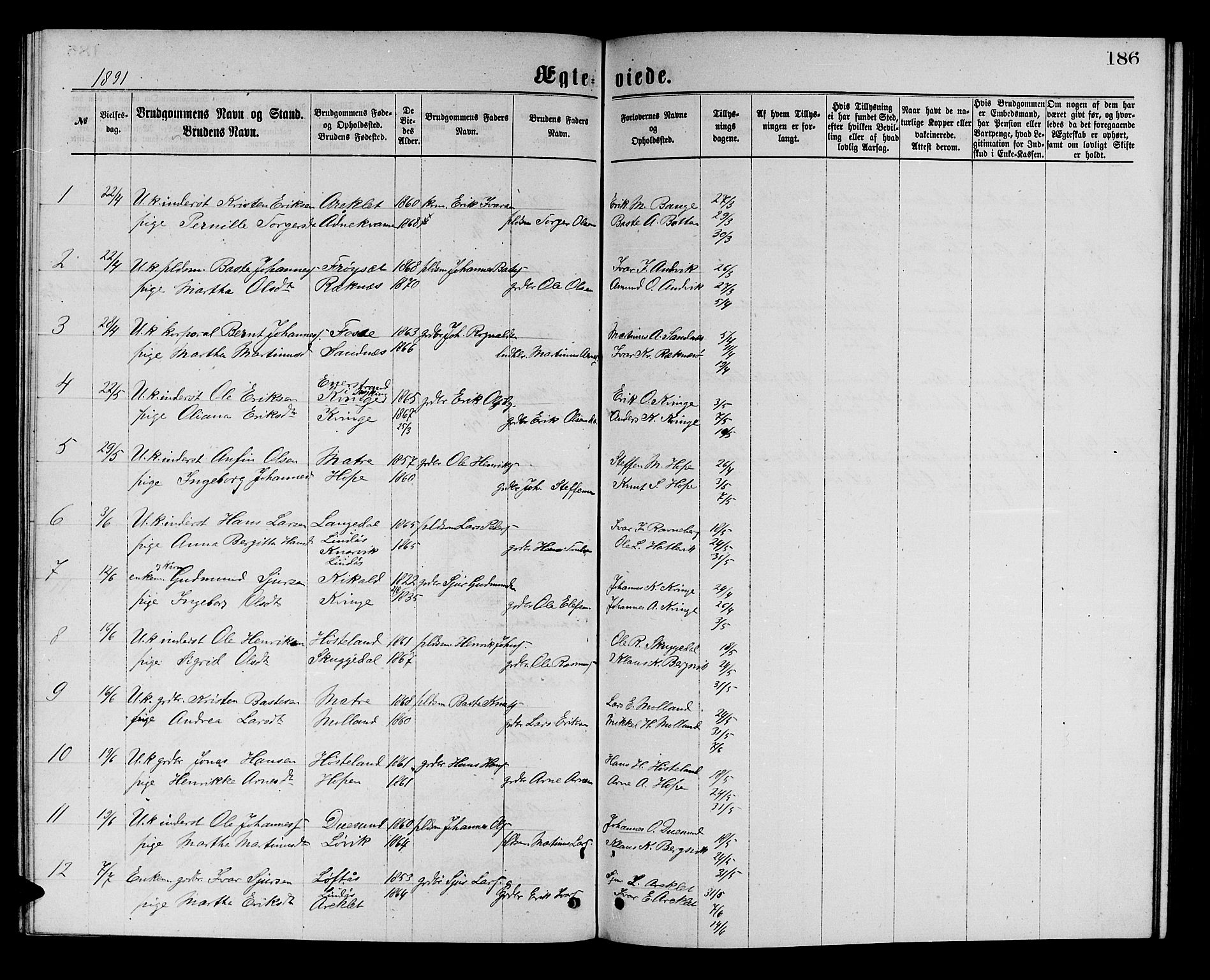 Masfjorden Sokneprestembete, AV/SAB-A-77001: Parish register (copy) no. A 2, 1876-1891, p. 186