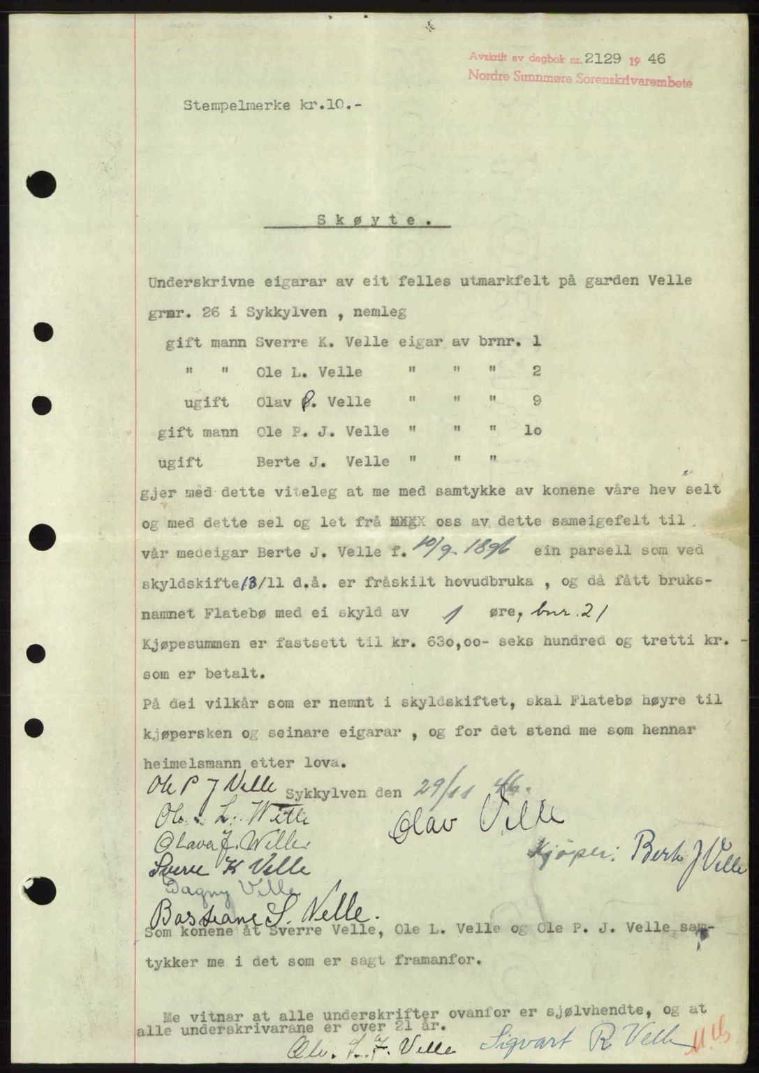 Nordre Sunnmøre sorenskriveri, AV/SAT-A-0006/1/2/2C/2Ca: Mortgage book no. A23, 1946-1947, Diary no: : 2129/1946