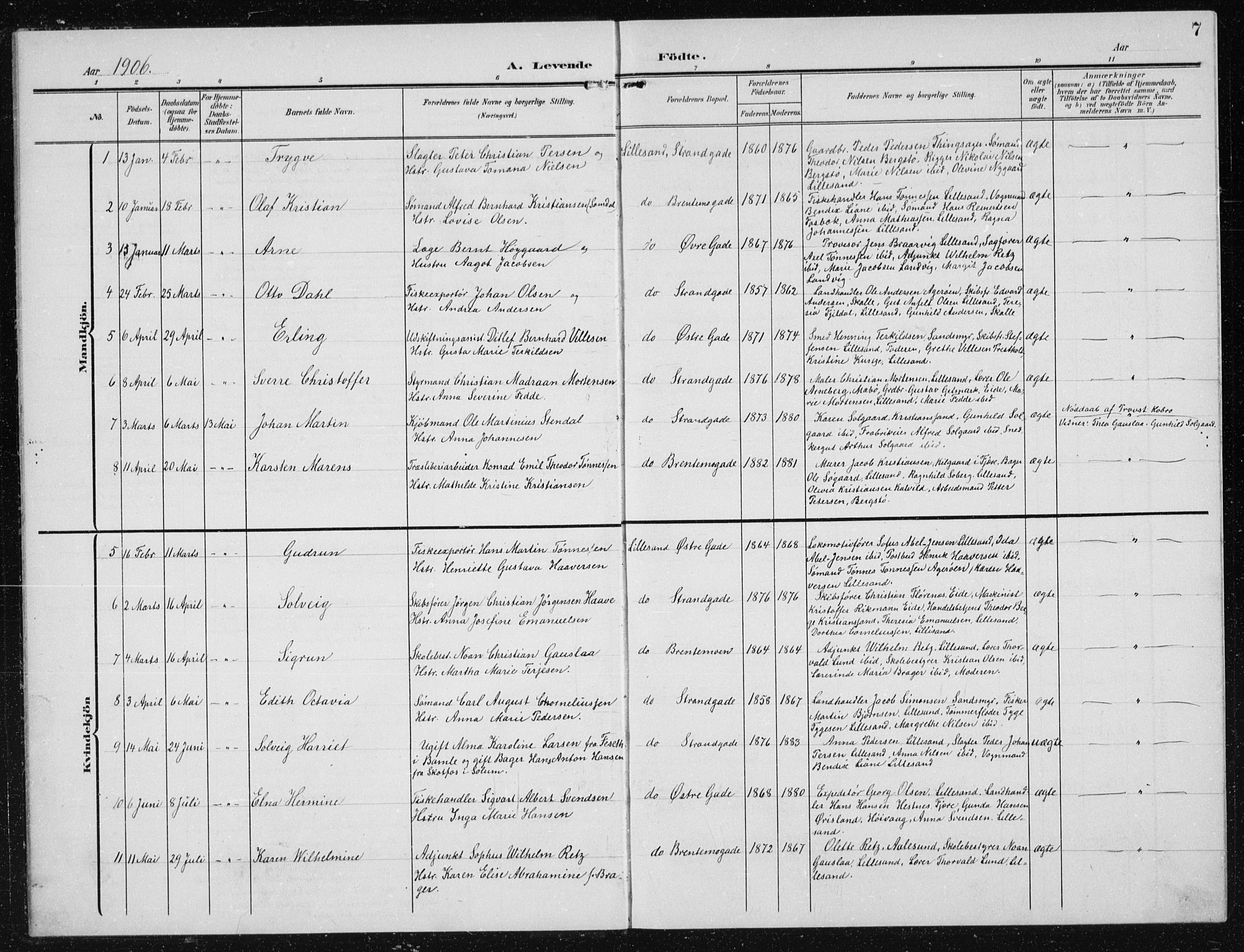 Vestre Moland sokneprestkontor, AV/SAK-1111-0046/F/Fb/Fba/L0002: Parish register (copy) no. B 2, 1904-1934, p. 7