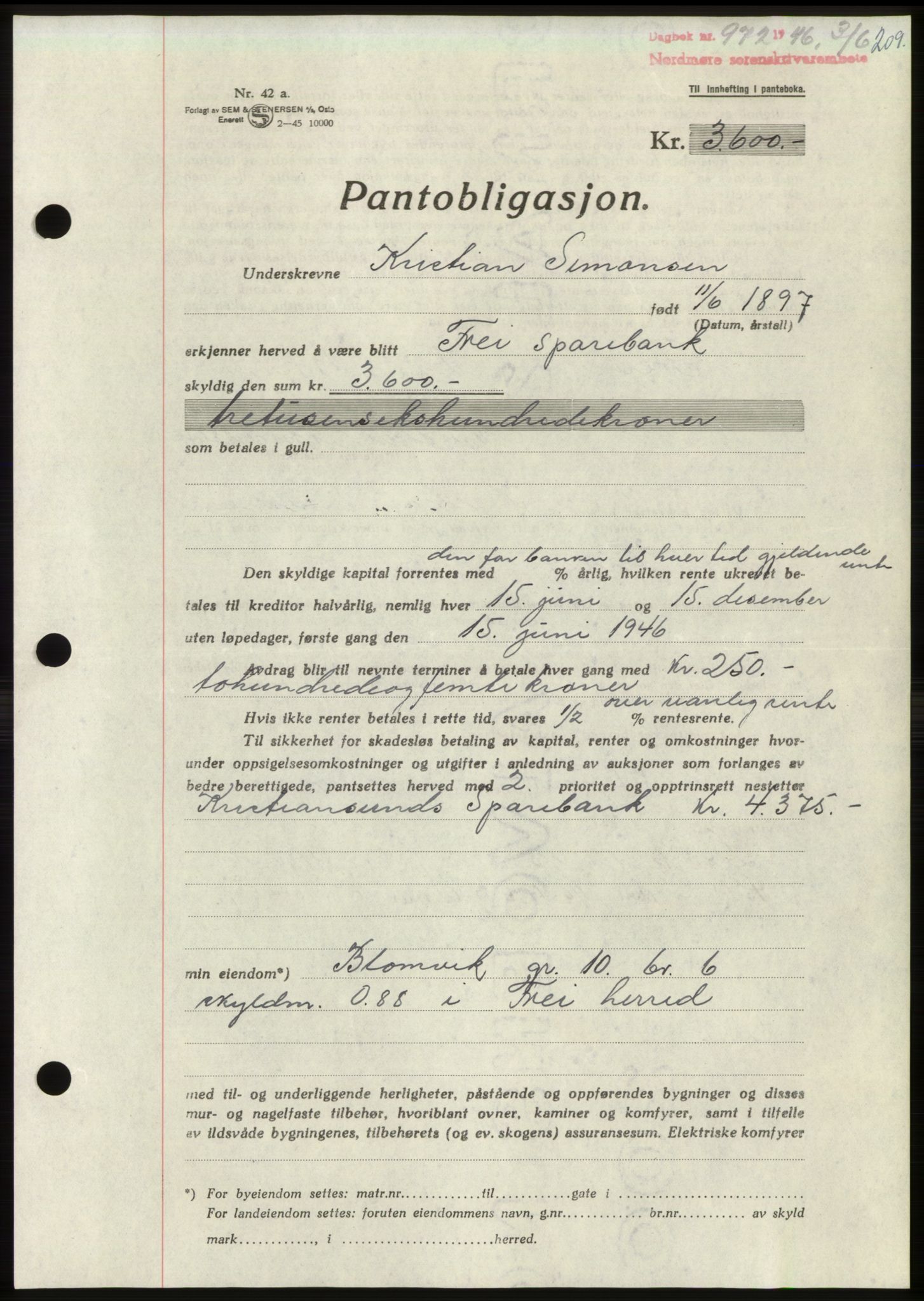 Nordmøre sorenskriveri, AV/SAT-A-4132/1/2/2Ca: Mortgage book no. B94, 1946-1946, Diary no: : 972/1946