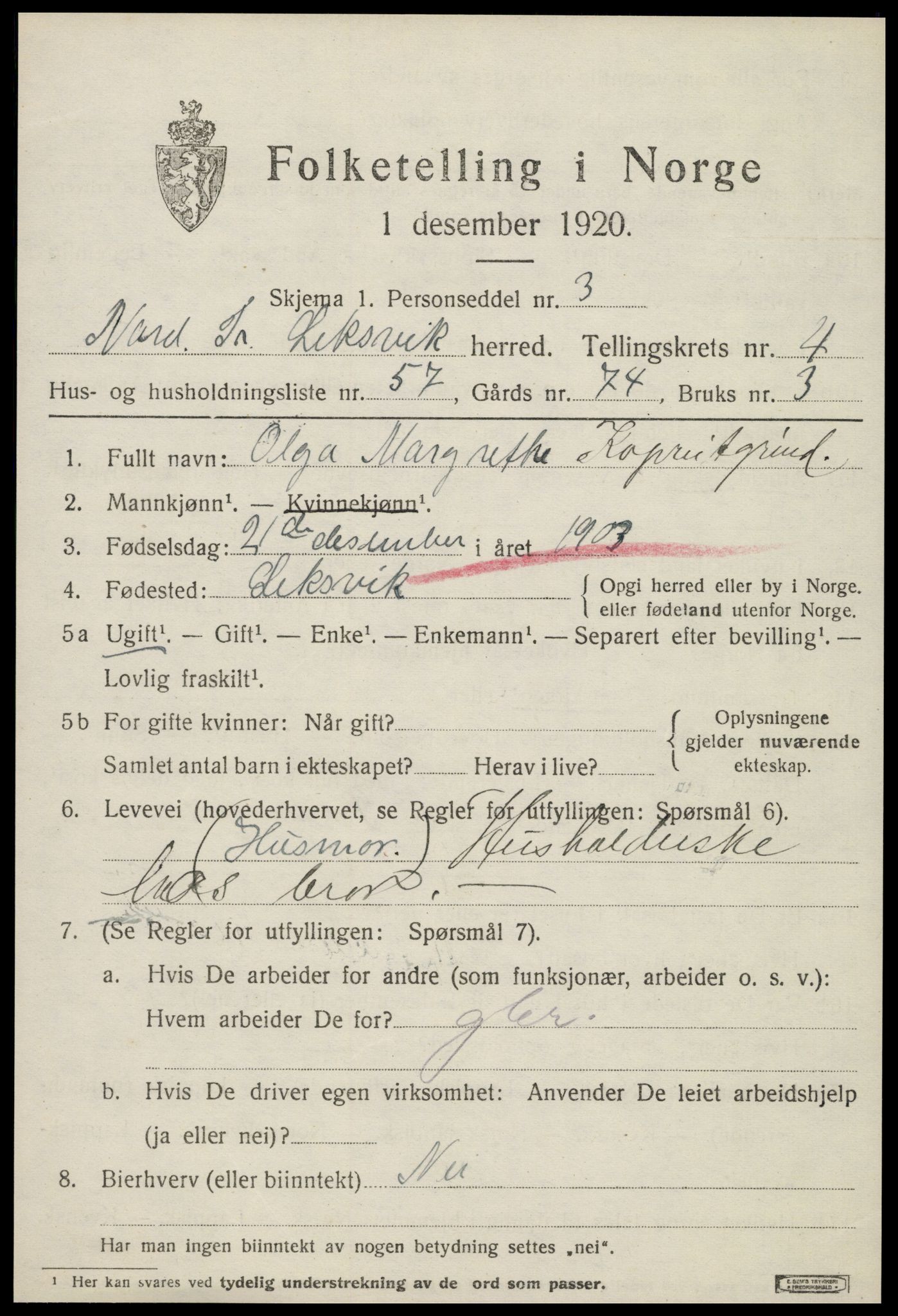 SAT, 1920 census for Leksvik, 1920, p. 4240