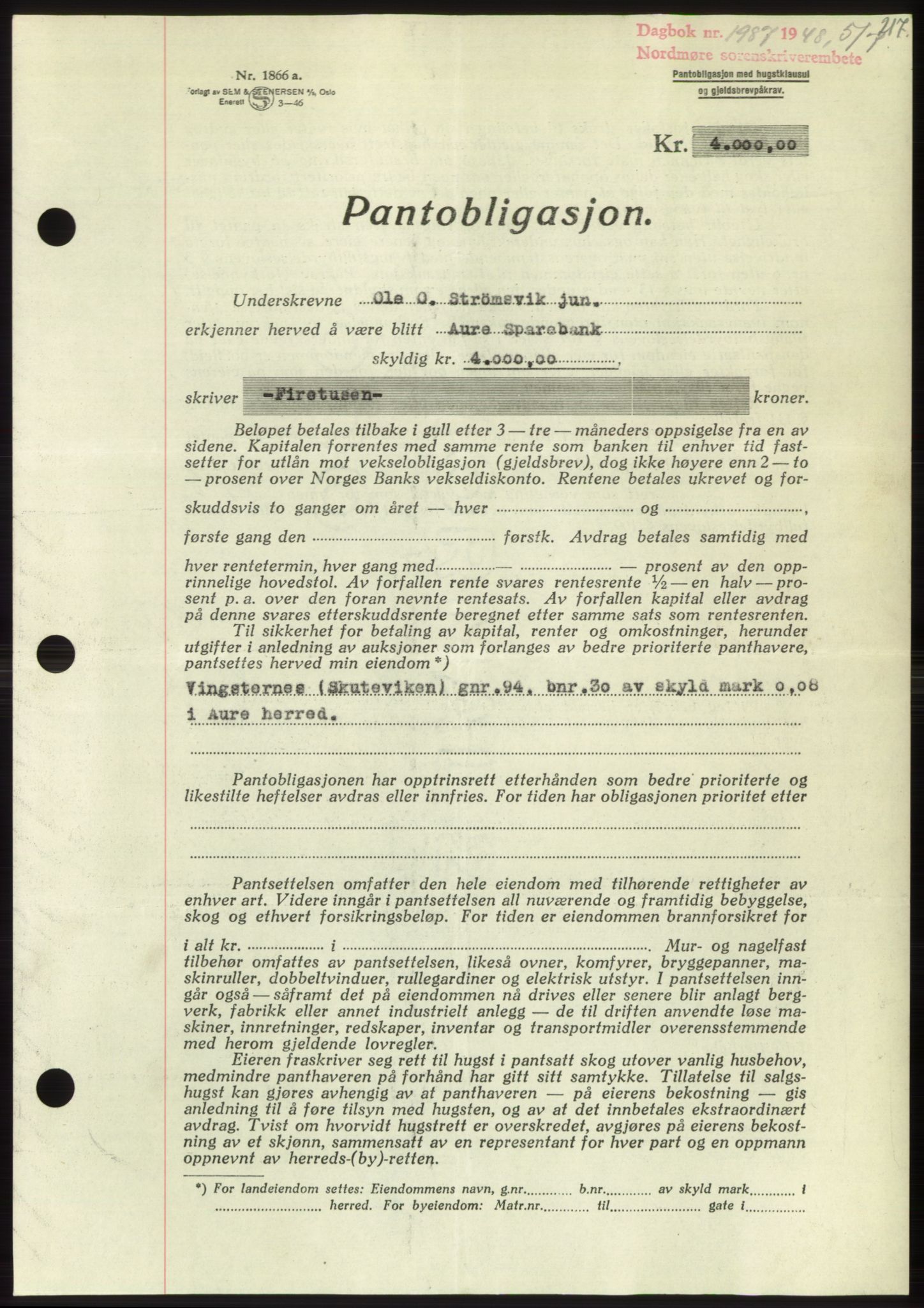 Nordmøre sorenskriveri, AV/SAT-A-4132/1/2/2Ca: Mortgage book no. B99, 1948-1948, Diary no: : 1987/1948