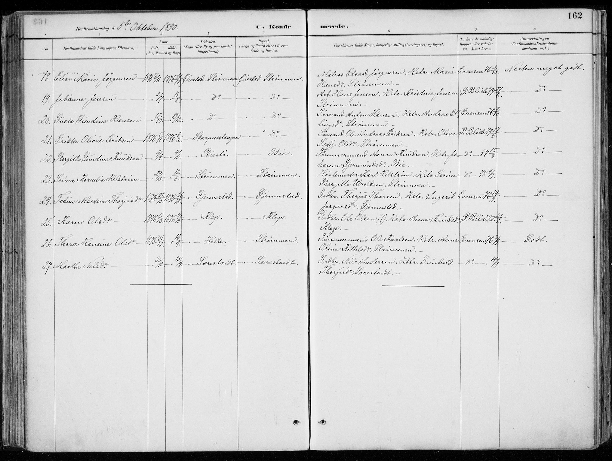 Øyestad sokneprestkontor, SAK/1111-0049/F/Fa/L0017: Parish register (official) no. A 17, 1887-1896, p. 162