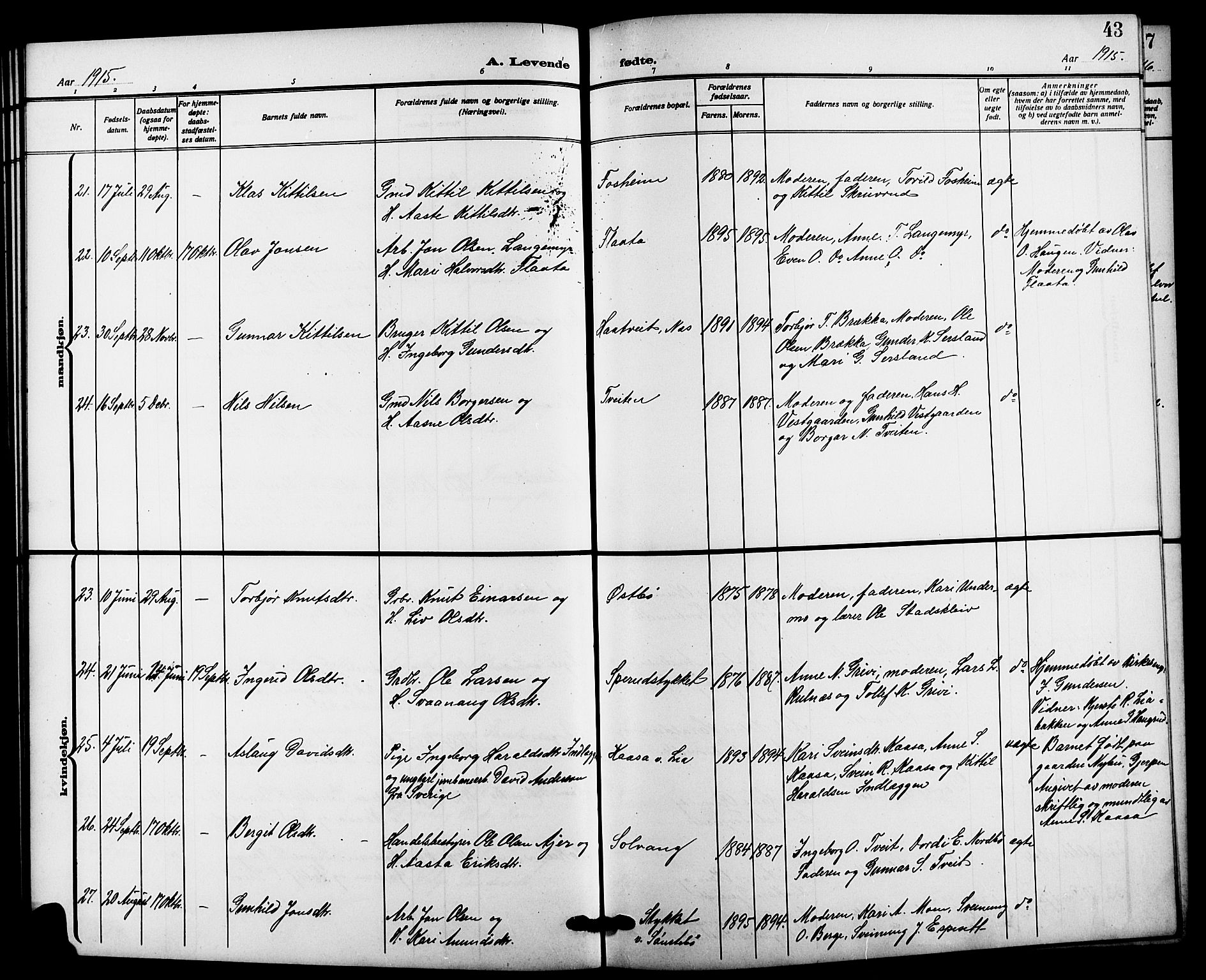 Bø kirkebøker, AV/SAKO-A-257/G/Ga/L0007: Parish register (copy) no. 7, 1909-1924, p. 43