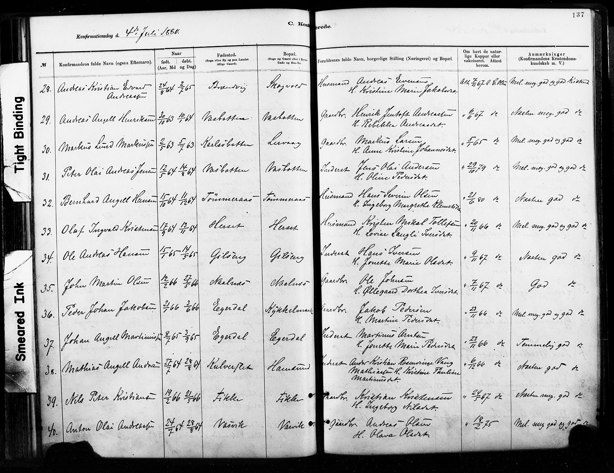 Ministerialprotokoller, klokkerbøker og fødselsregistre - Nordland, AV/SAT-A-1459/859/L0846: Parish register (official) no. 859A06, 1878-1889, p. 137