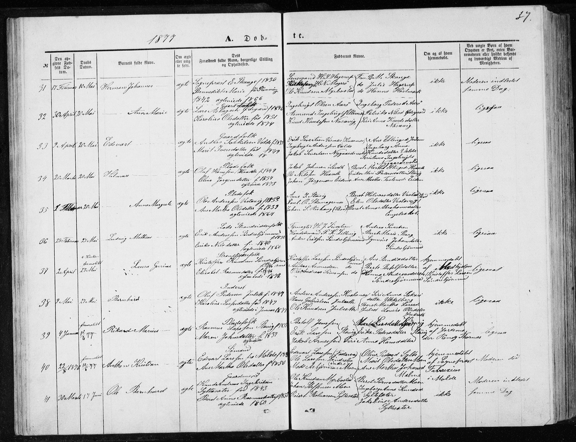 Ministerialprotokoller, klokkerbøker og fødselsregistre - Møre og Romsdal, AV/SAT-A-1454/565/L0754: Parish register (copy) no. 565C03, 1870-1896, p. 37