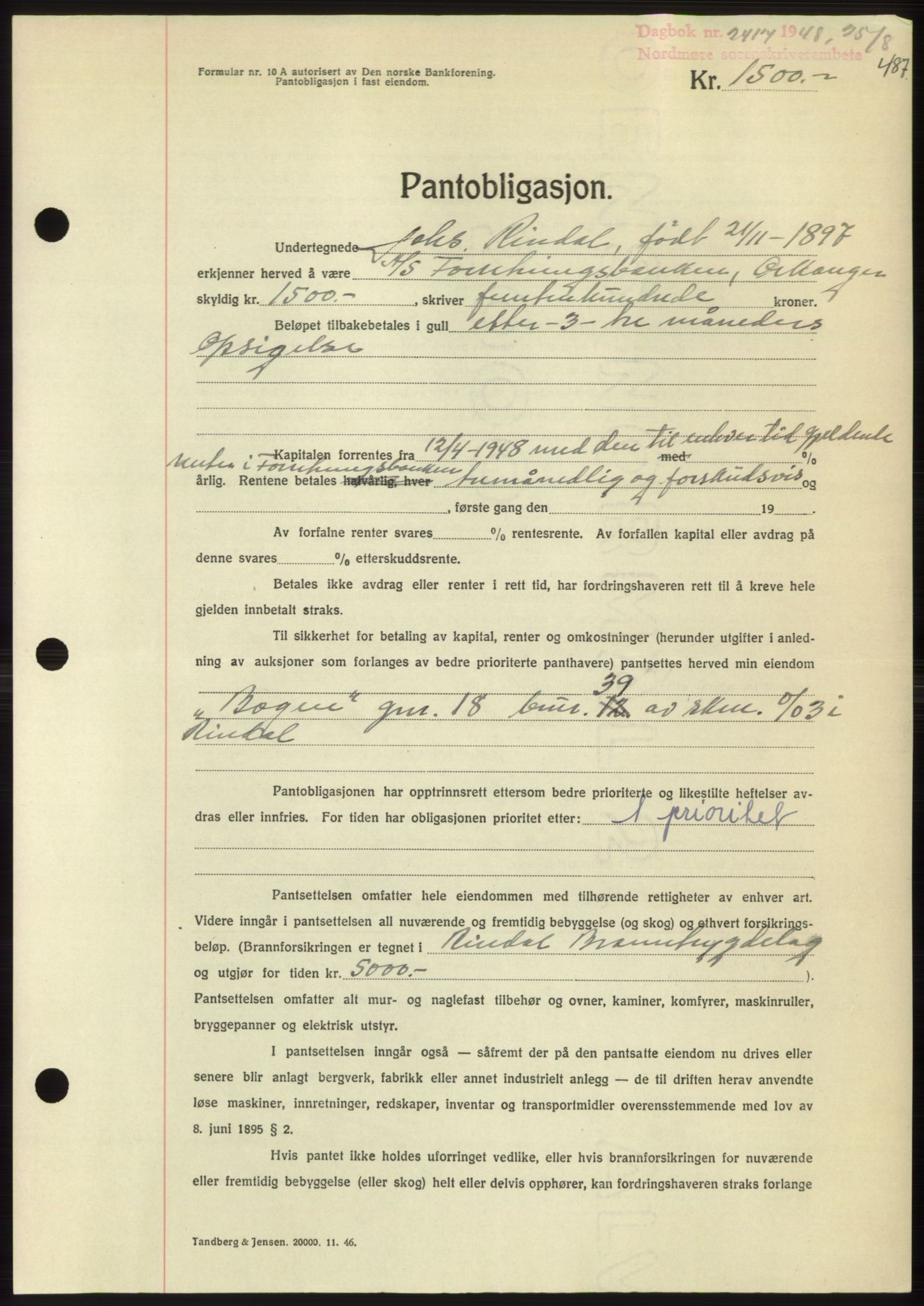 Nordmøre sorenskriveri, AV/SAT-A-4132/1/2/2Ca: Mortgage book no. B99, 1948-1948, Diary no: : 2417/1948