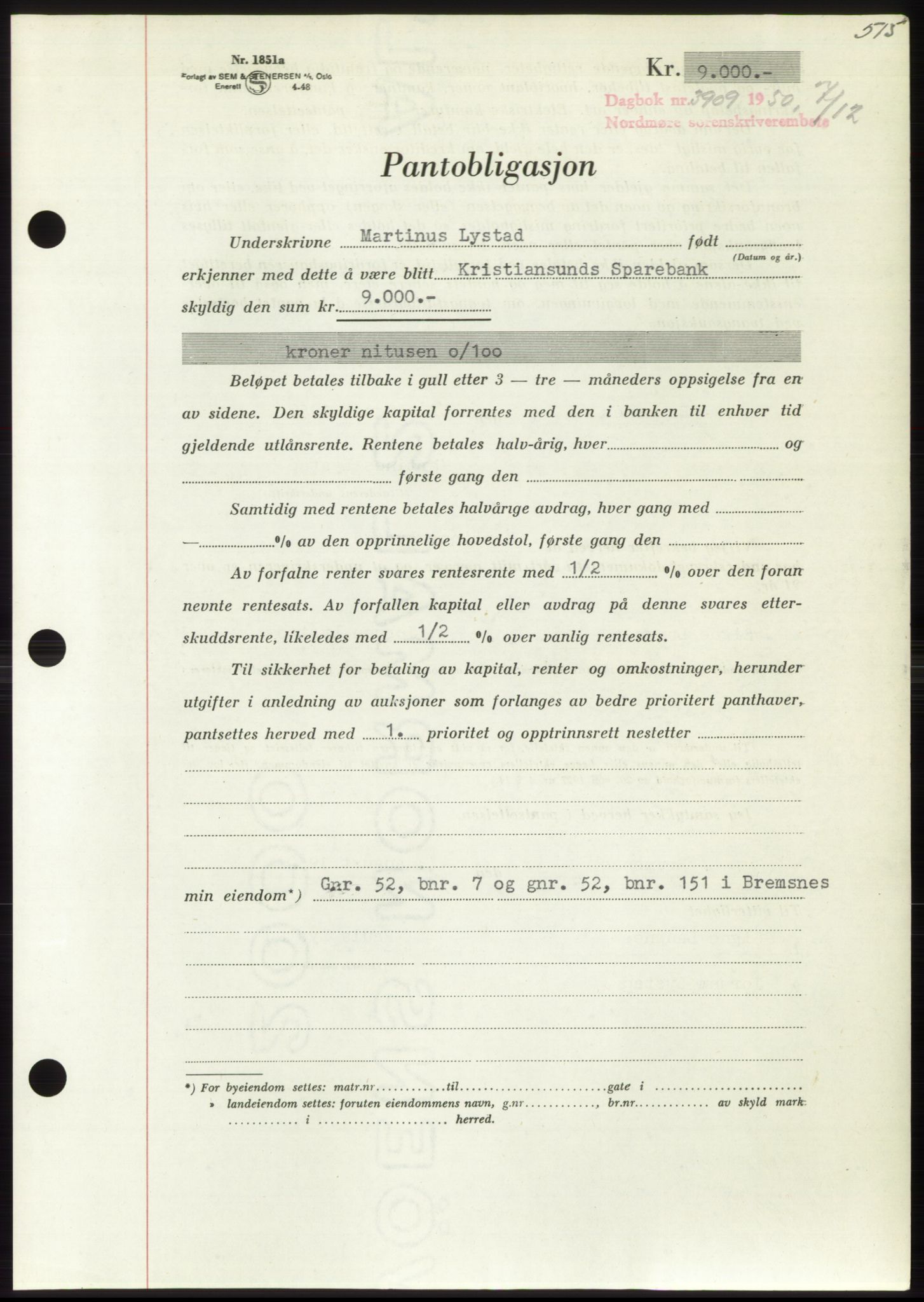 Nordmøre sorenskriveri, AV/SAT-A-4132/1/2/2Ca: Mortgage book no. B106, 1950-1950, Diary no: : 3909/1950