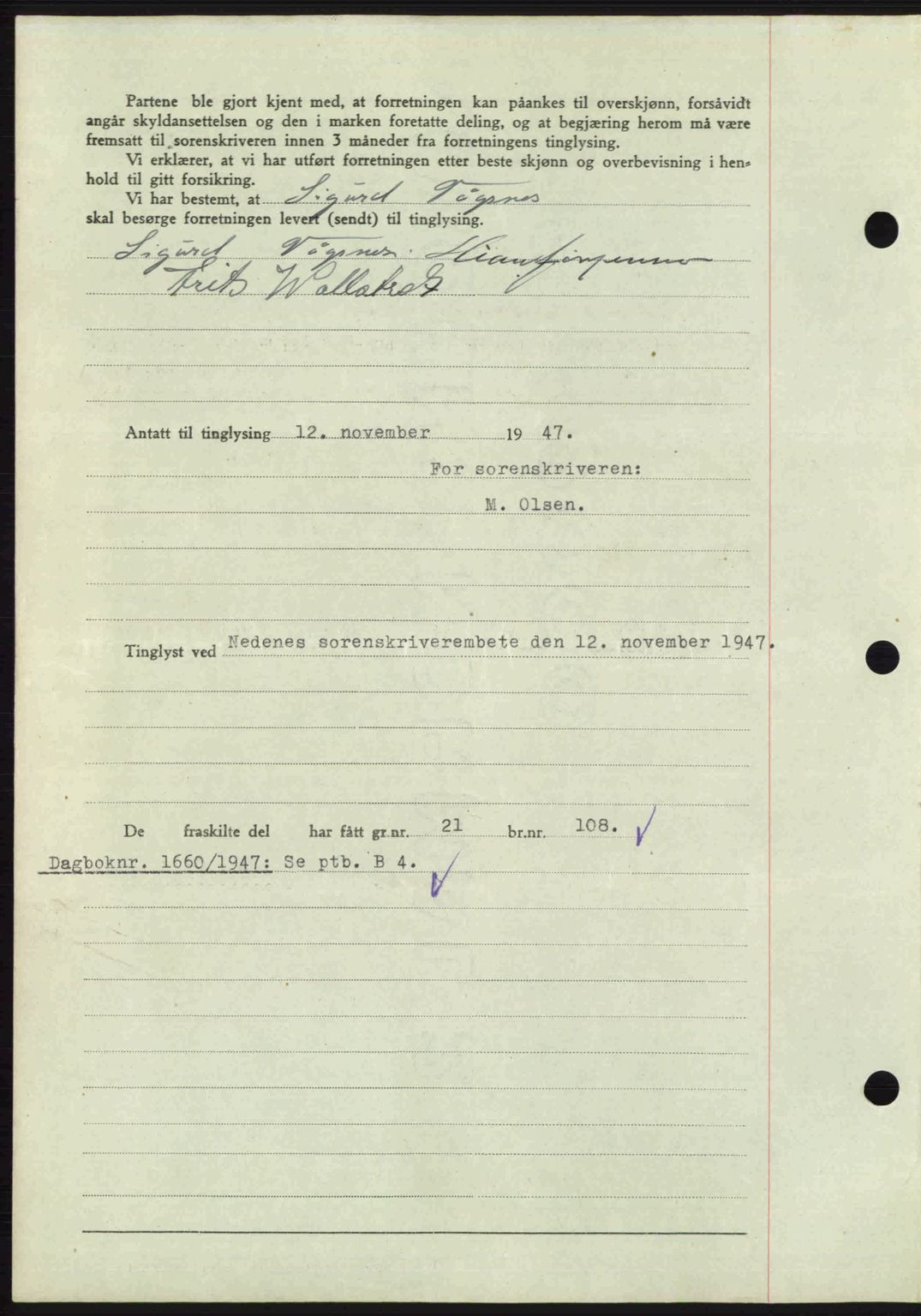 Nedenes sorenskriveri, AV/SAK-1221-0006/G/Gb/Gba/L0058: Mortgage book no. A10, 1947-1948, Diary no: : 1659/1947