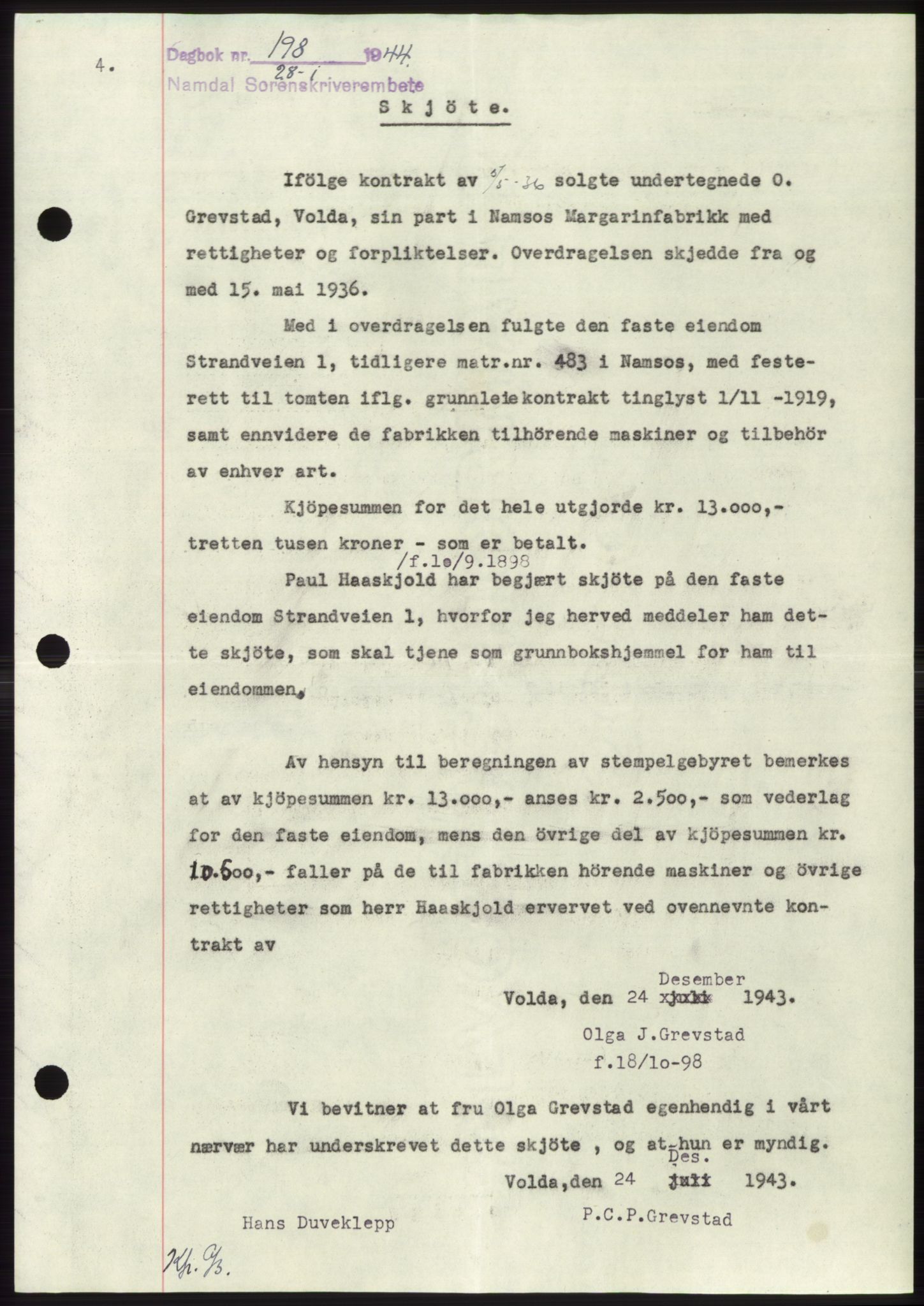 Namdal sorenskriveri, AV/SAT-A-4133/1/2/2C: Mortgage book no. -, 1943-1944, Diary no: : 198/1944