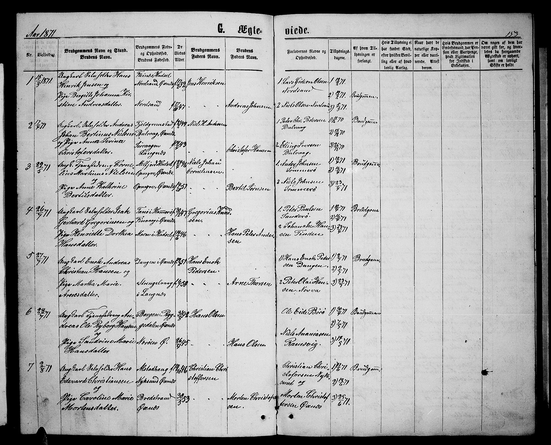 Ministerialprotokoller, klokkerbøker og fødselsregistre - Nordland, SAT/A-1459/893/L1348: Parish register (copy) no. 893C03, 1867-1877, p. 153