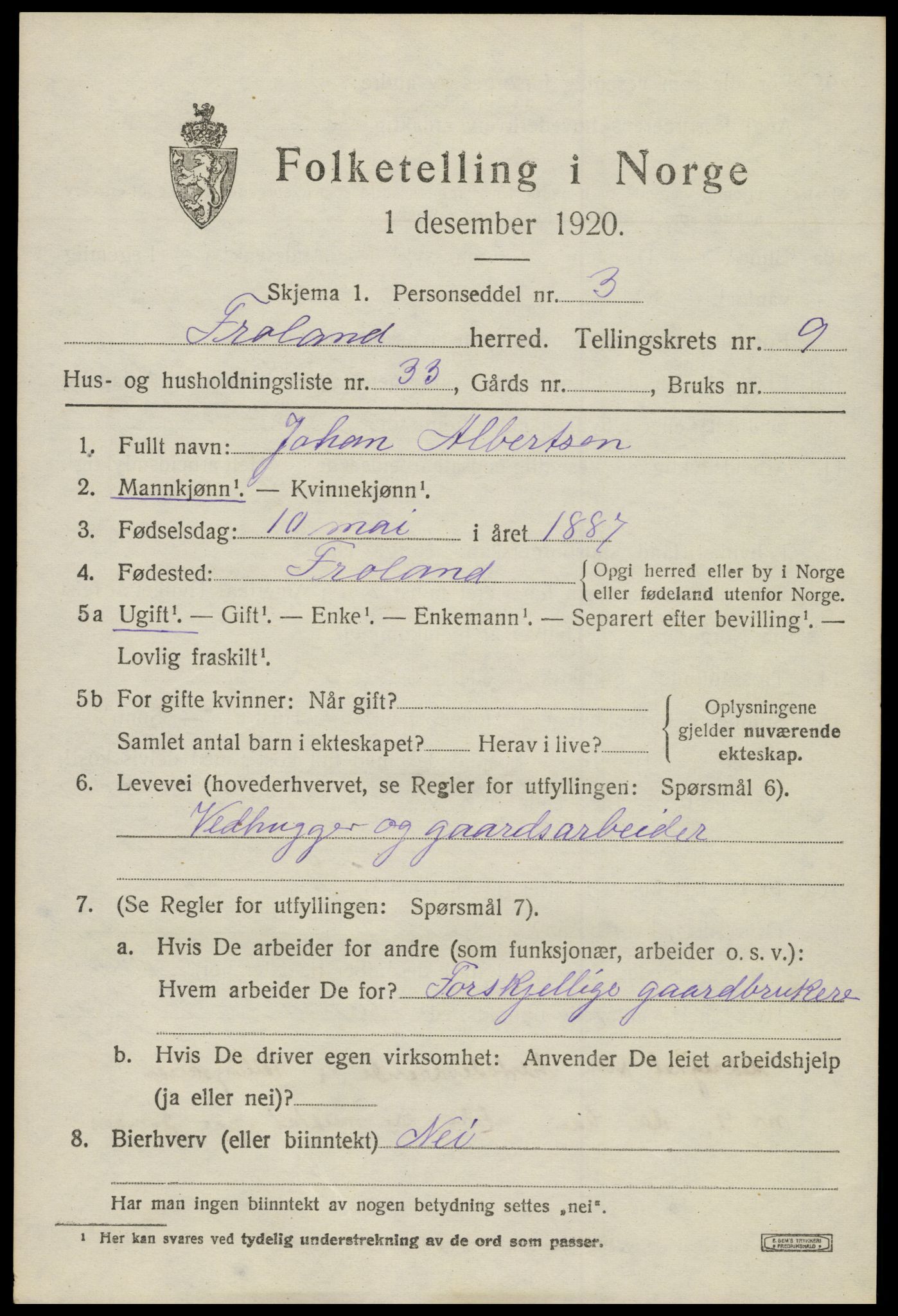 SAK, 1920 census for Froland, 1920, p. 5265