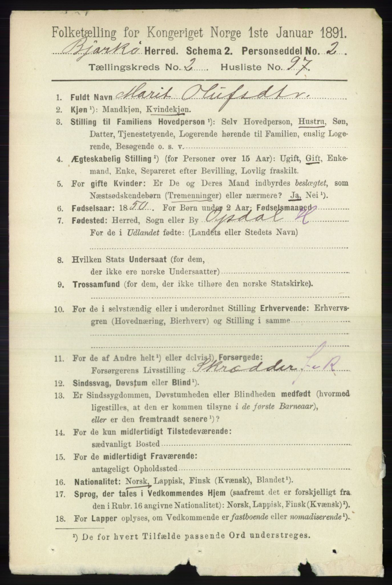 RA, 1891 census for 1915 Bjarkøy, 1891, p. 1318