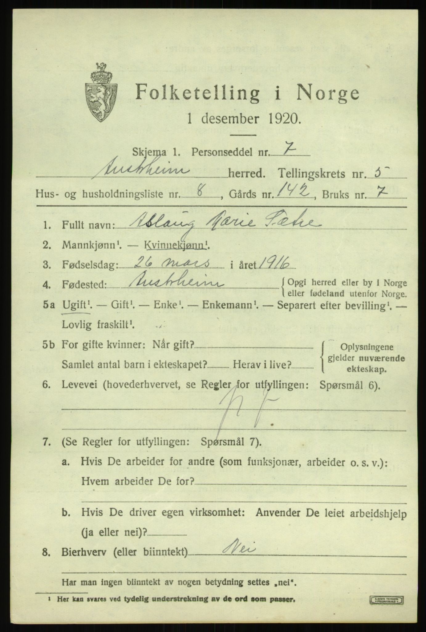 SAB, 1920 census for Austrheim, 1920, p. 2156