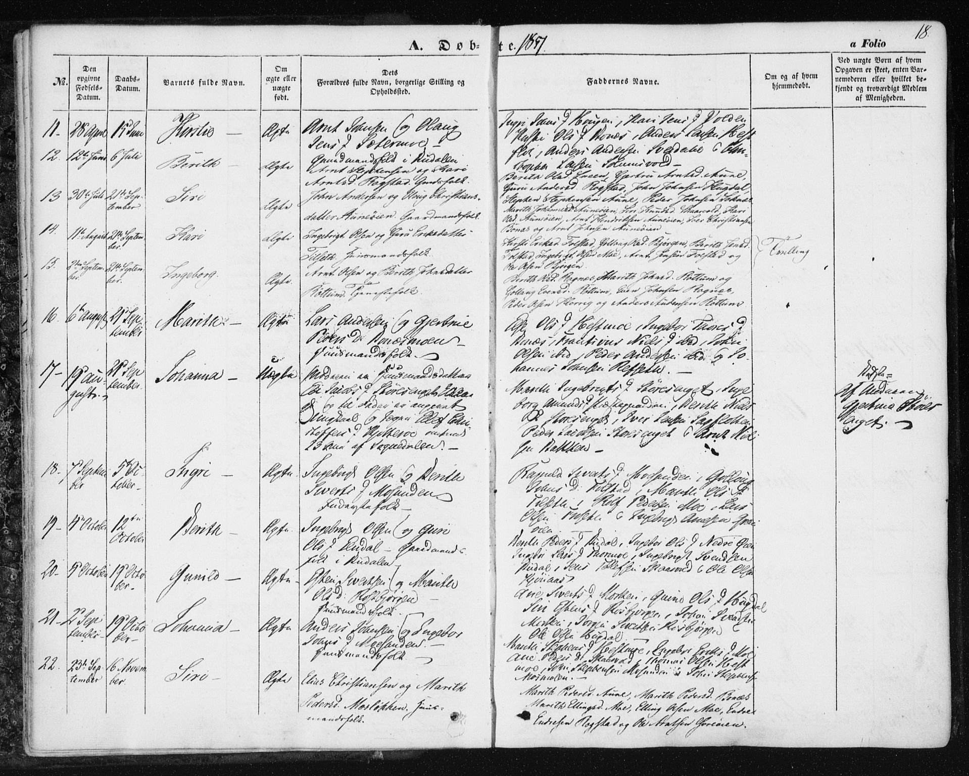 Ministerialprotokoller, klokkerbøker og fødselsregistre - Sør-Trøndelag, SAT/A-1456/687/L1000: Parish register (official) no. 687A06, 1848-1869, p. 18
