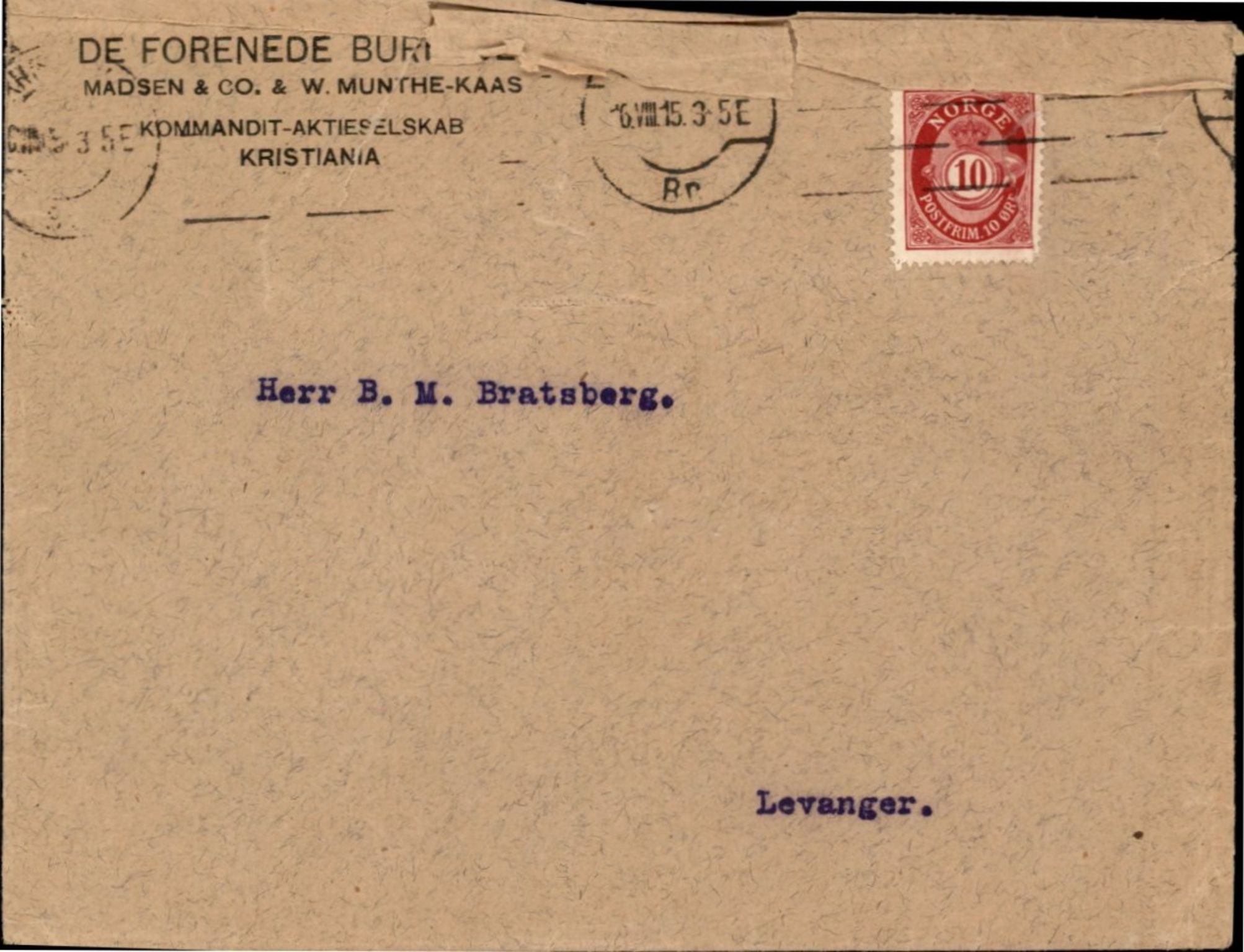 Bård Toldnes samling - lokalia fra Levanger, TIKA/PA-1549/F/L0002: B. M. Bratsberg - forsikringer, 1914-1915
