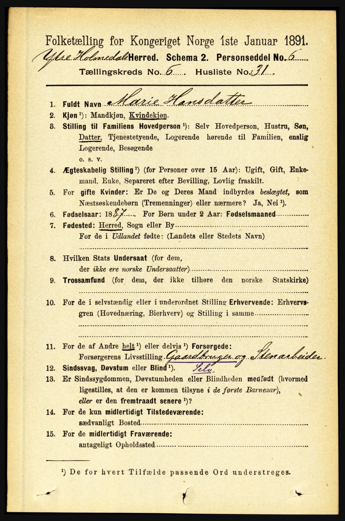 RA, 1891 census for 1429 Ytre Holmedal, 1891, p. 1493