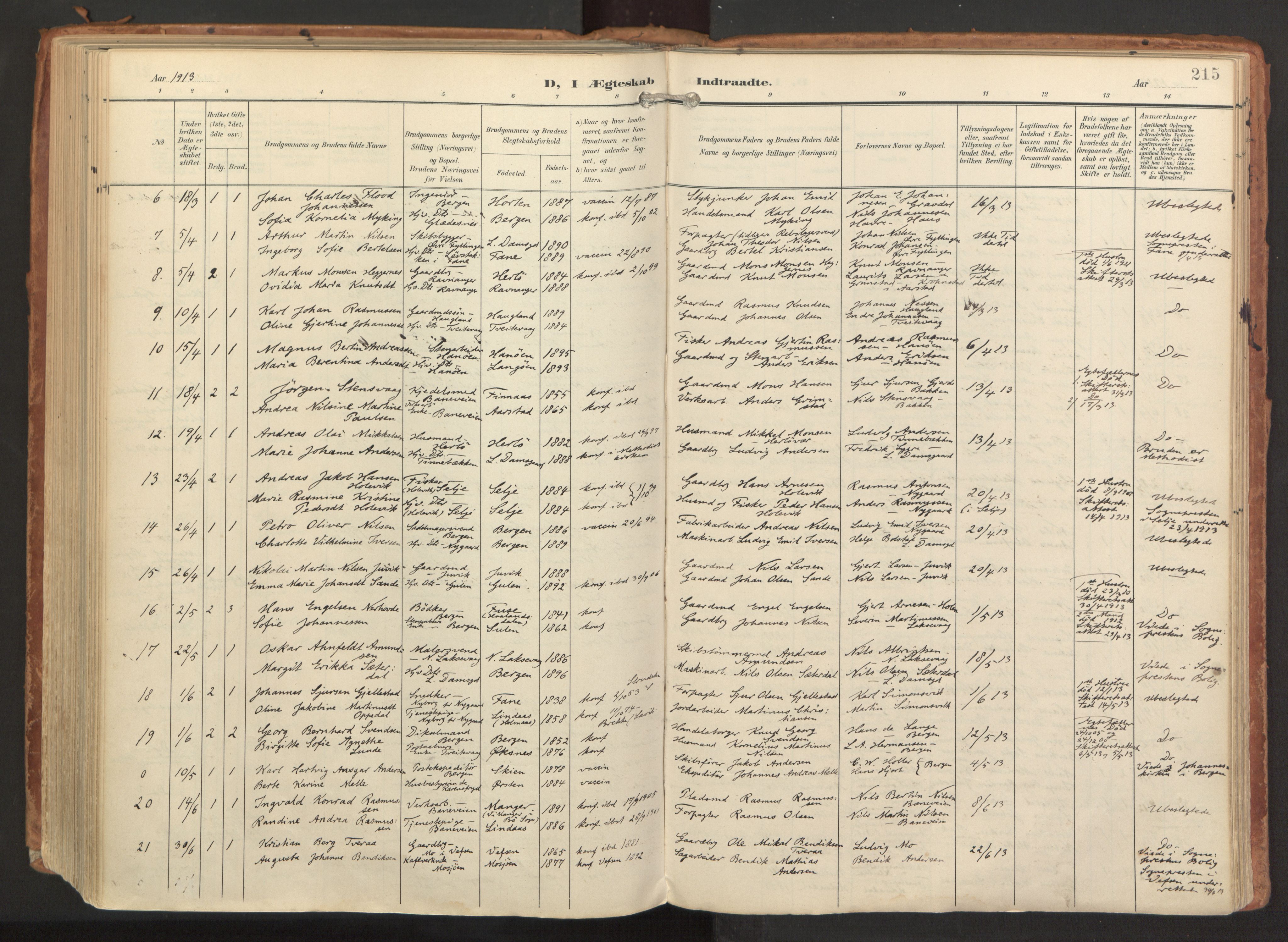 Laksevåg Sokneprestembete, SAB/A-76501/H/Ha/Haa/Haaa/L0001: Parish register (official) no. A 1, 1903-1917, p. 215