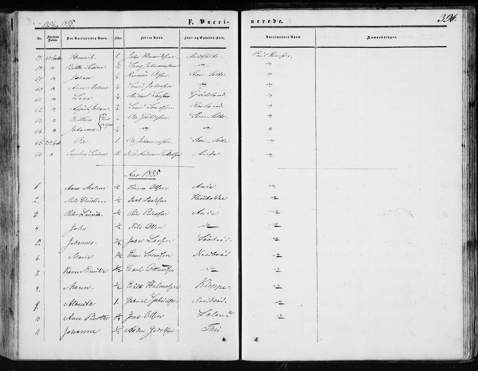 Klepp sokneprestkontor, AV/SAST-A-101803/001/3/30BA/L0005: Parish register (official) no. A 5, 1853-1870, p. 396