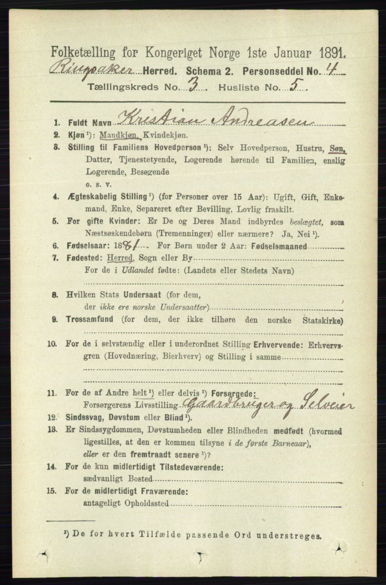 RA, 1891 census for 0412 Ringsaker, 1891, p. 1267