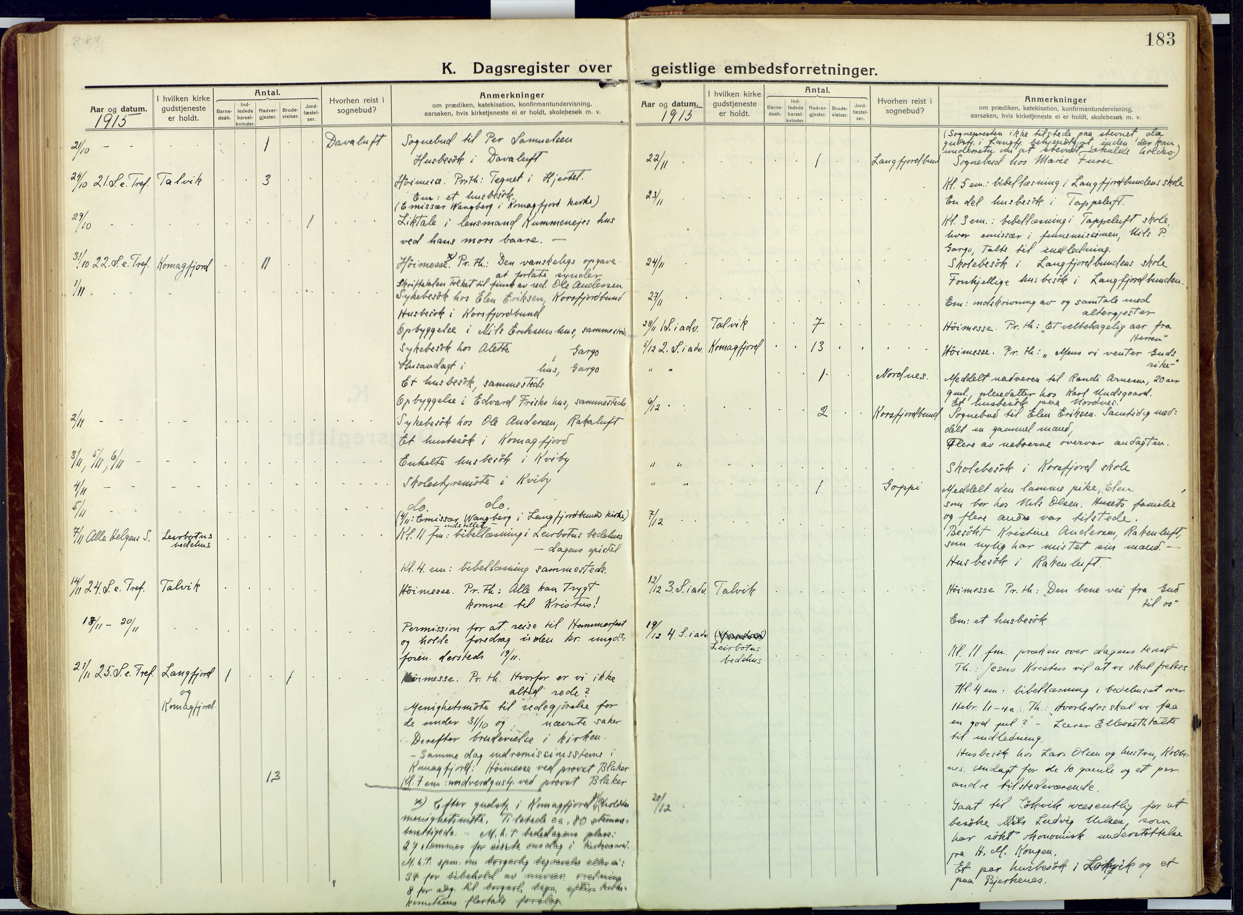 Talvik sokneprestkontor, AV/SATØ-S-1337/H/Ha/L0018kirke: Parish register (official) no. 18, 1915-1924, p. 183