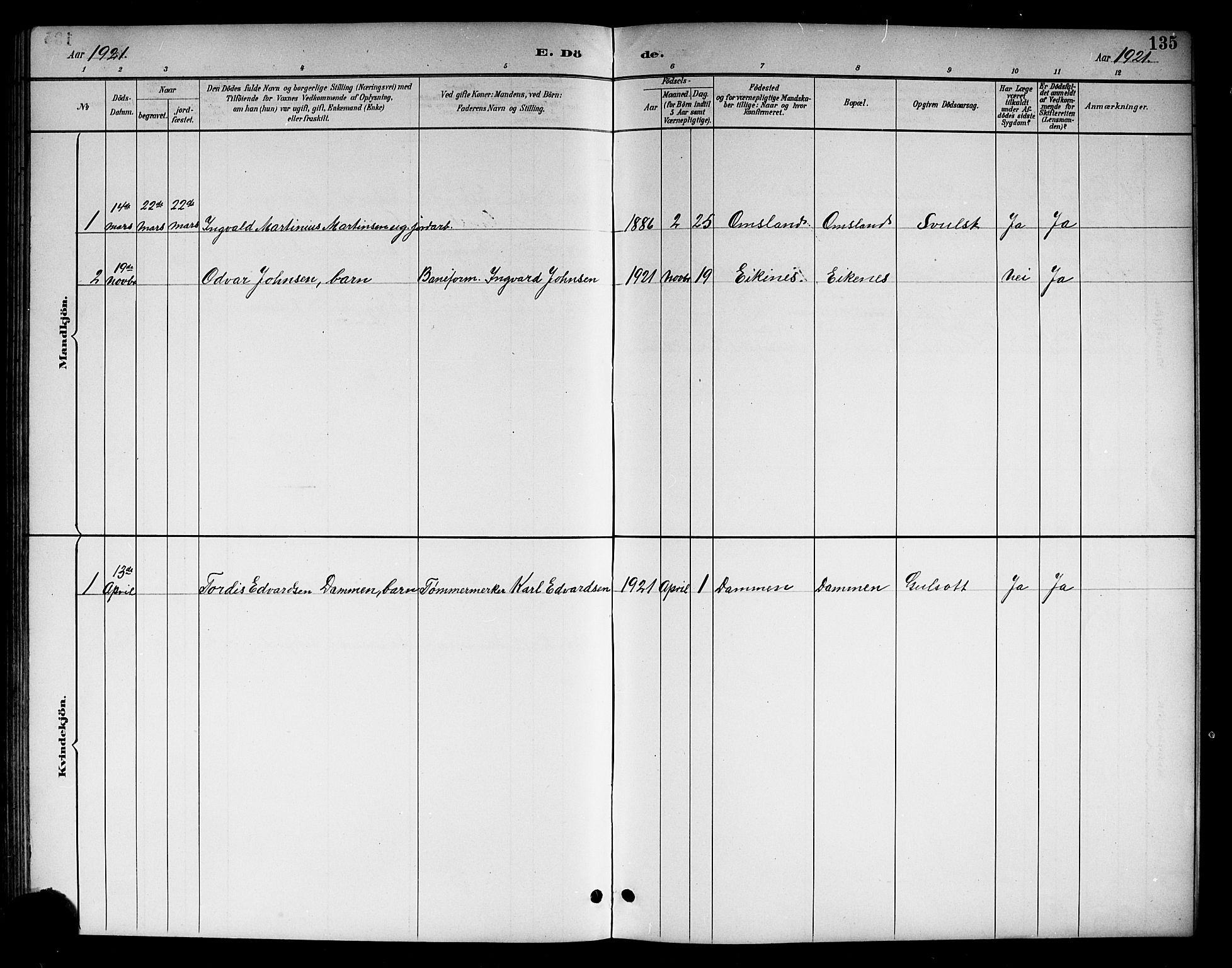 Brunlanes kirkebøker, AV/SAKO-A-342/G/Gc/L0002: Parish register (copy) no. III 2, 1891-1922, p. 135