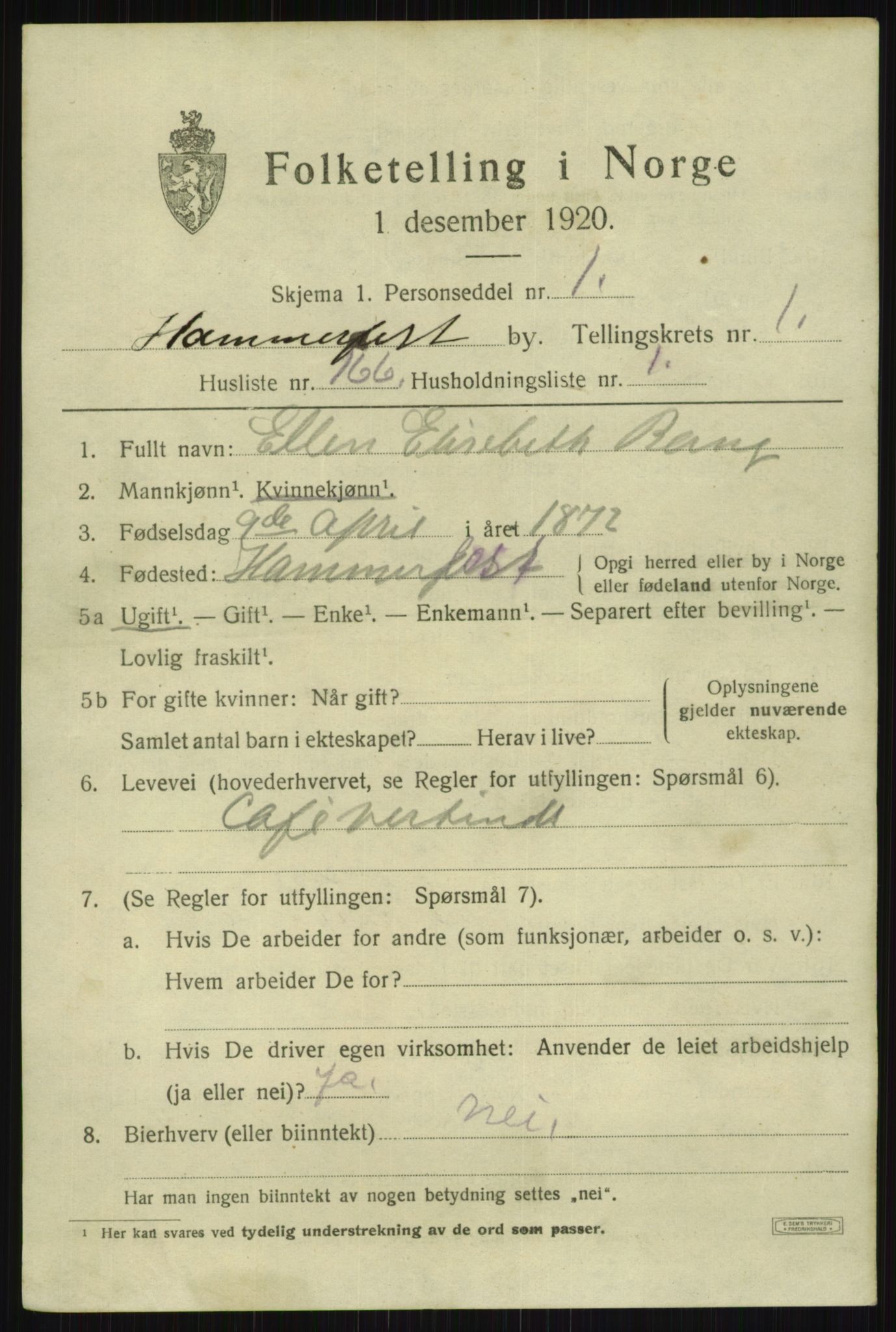 SATØ, 1920 census for Hammerfest, 1920, p. 4773