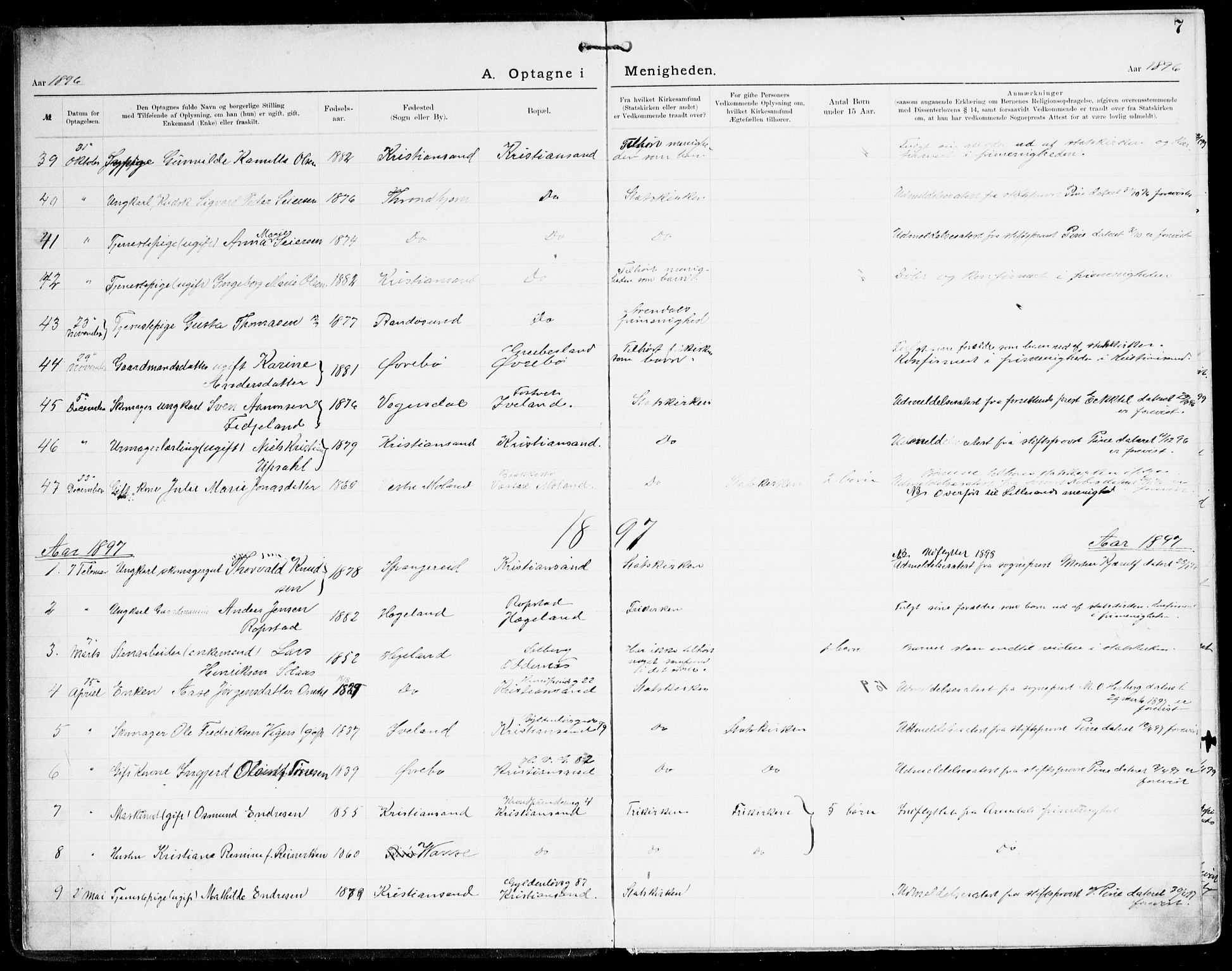 Den evangelisk-lutherske frikirke, Kristiansand, SAK/1292-0017/F/Fa/L0003: Dissenter register no. F 11, 1892-1925, p. 7