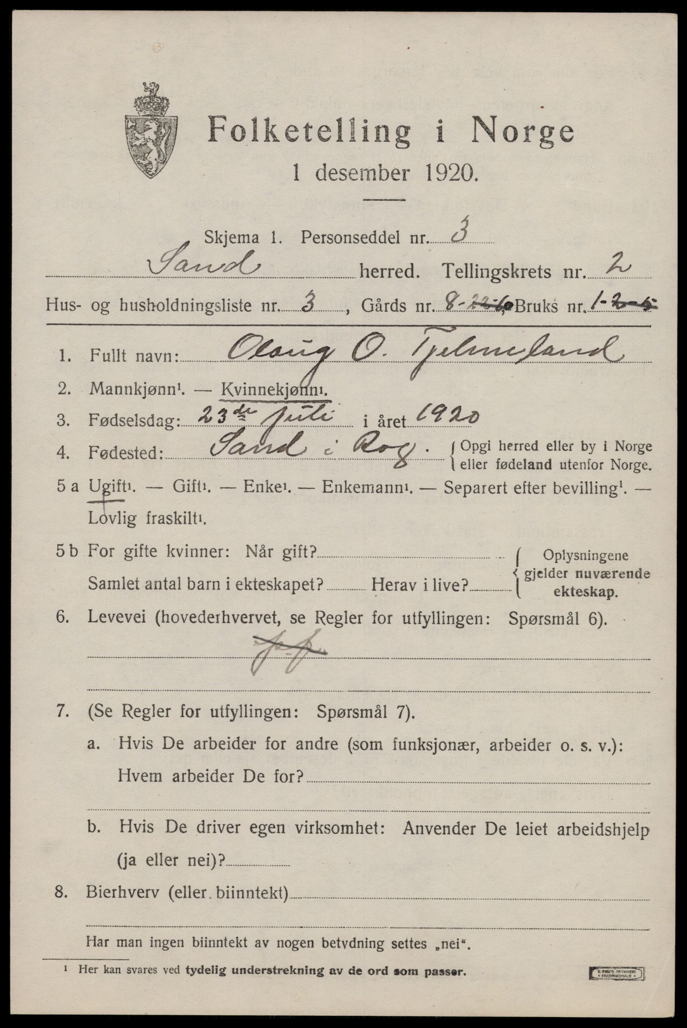 SAST, 1920 census for Sand, 1920, p. 807