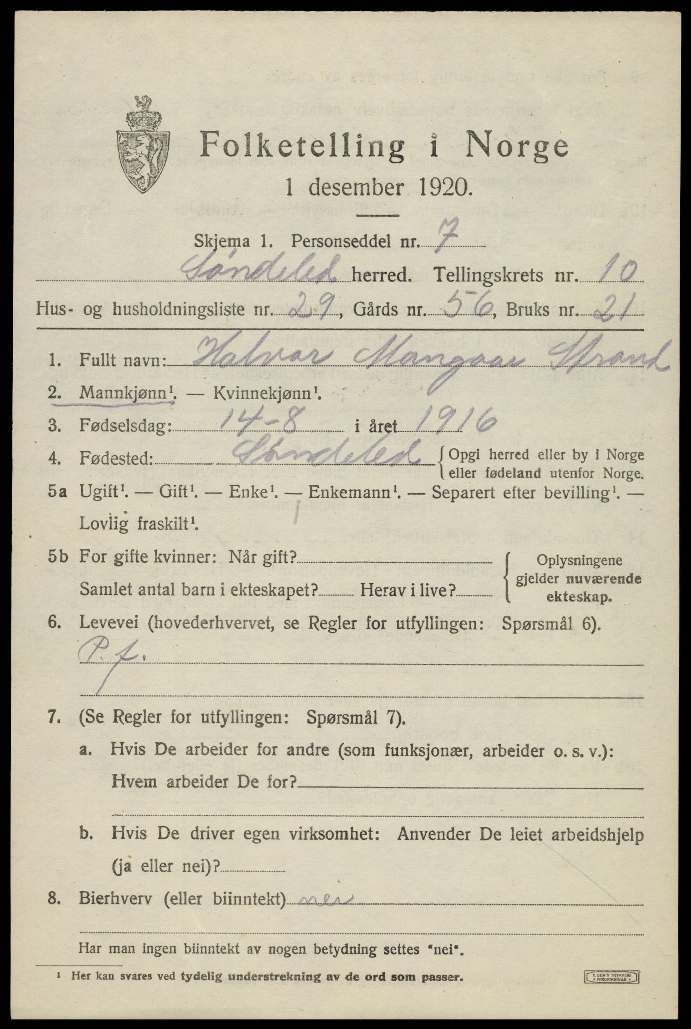 SAK, 1920 census for Søndeled, 1920, p. 5291