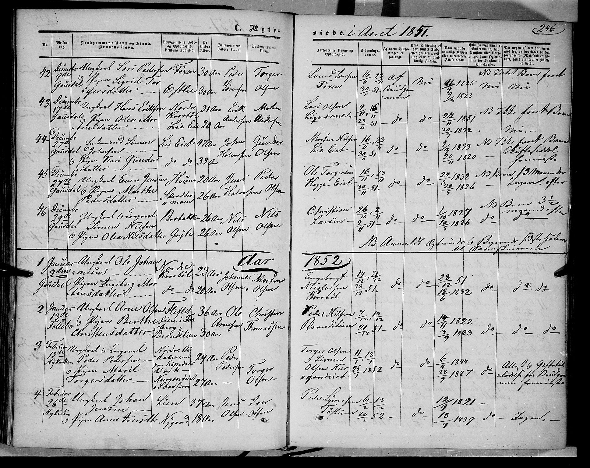 Gausdal prestekontor, SAH/PREST-090/H/Ha/Haa/L0008: Parish register (official) no. 8, 1850-1861, p. 246