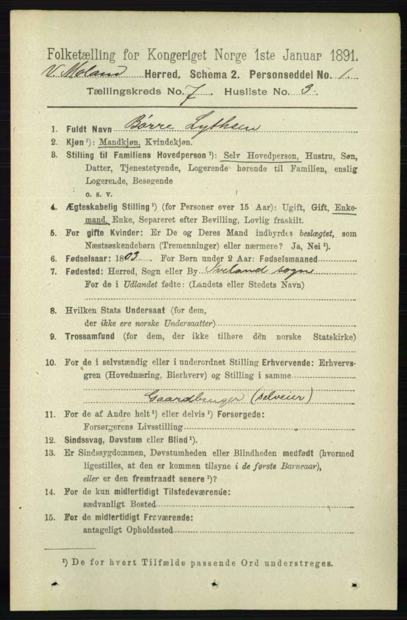 RA, 1891 census for 0926 Vestre Moland, 1891, p. 2806