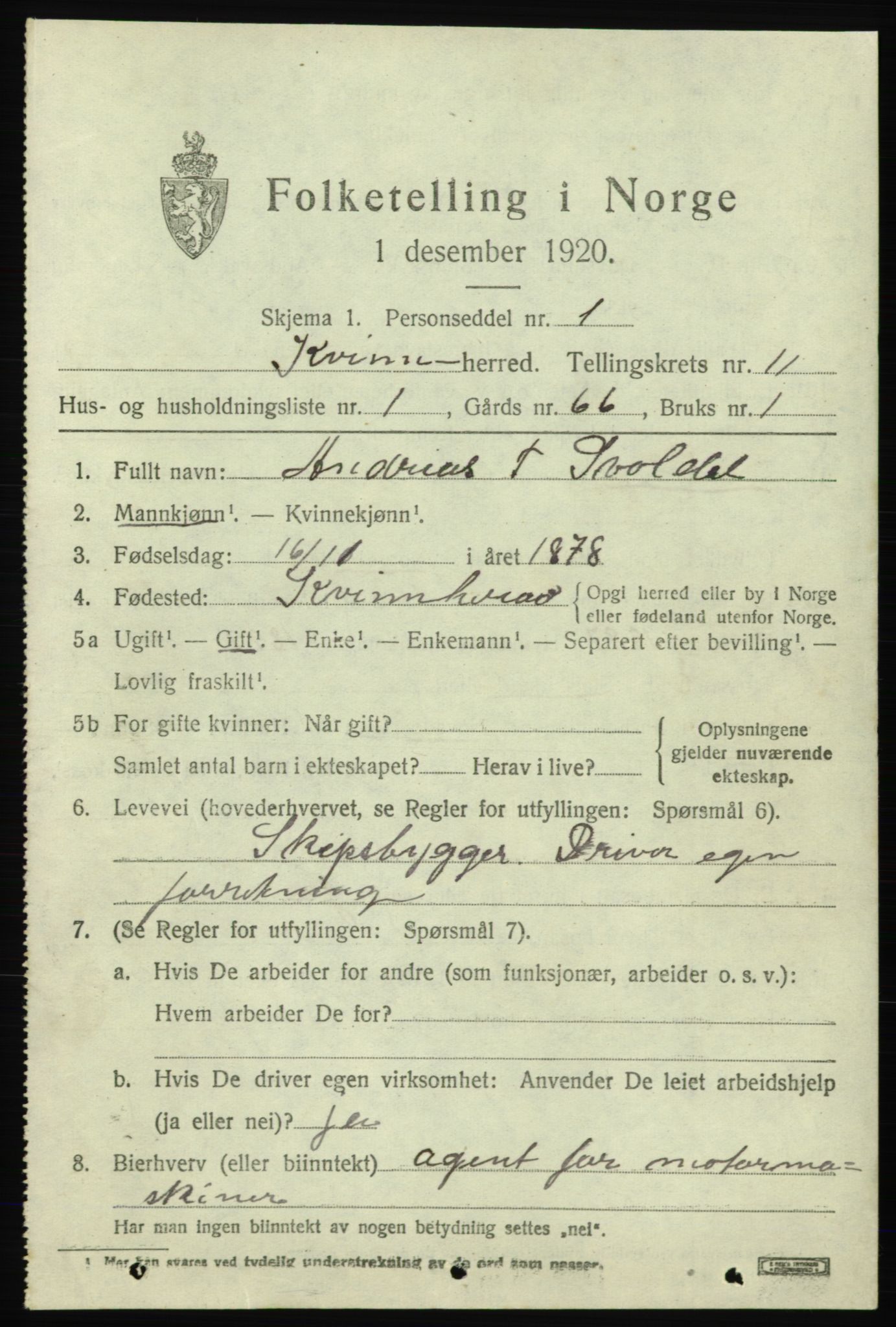 SAB, 1920 census for Kvinnherad, 1920, p. 7146