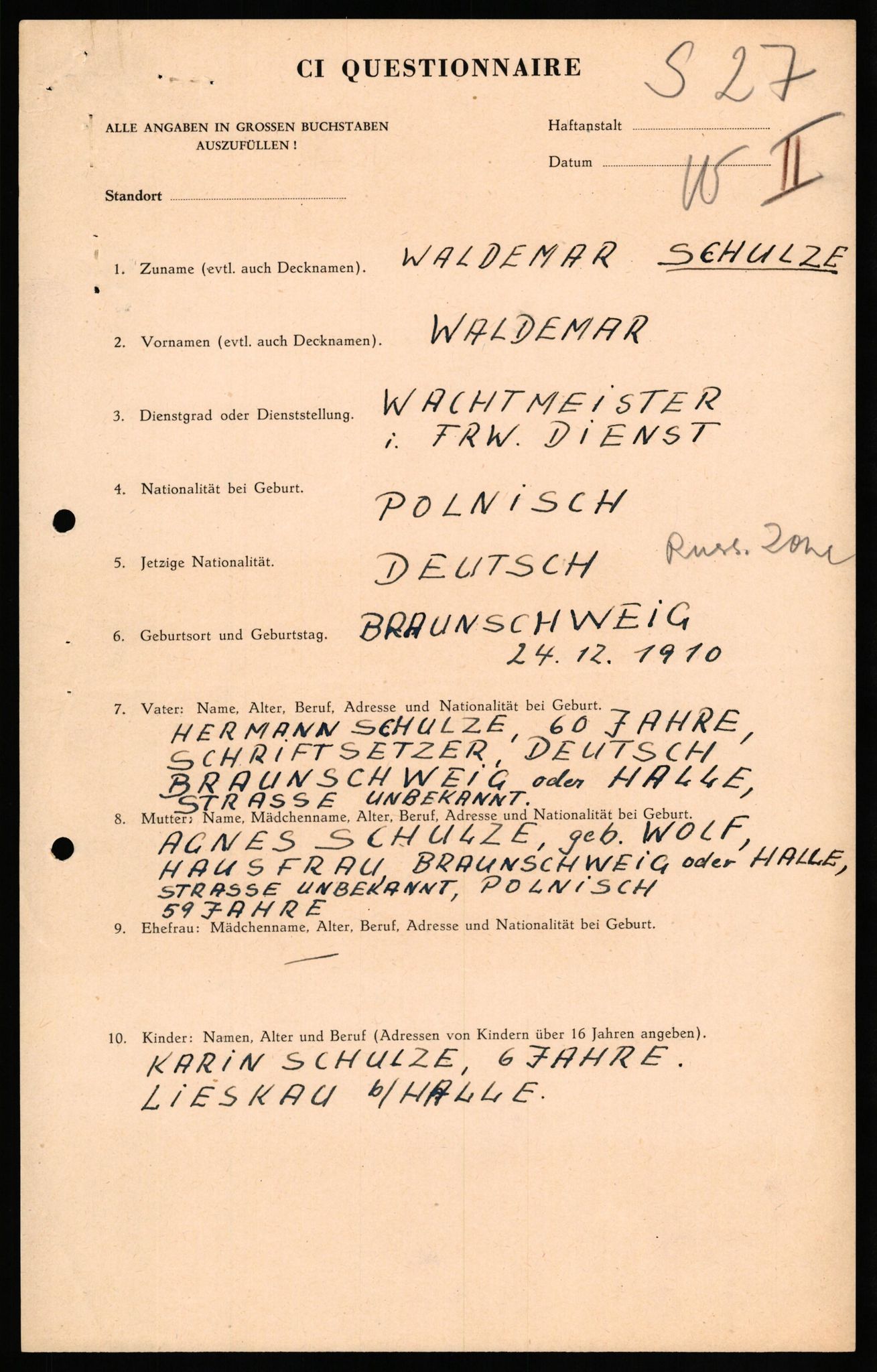 Forsvaret, Forsvarets overkommando II, AV/RA-RAFA-3915/D/Db/L0030: CI Questionaires. Tyske okkupasjonsstyrker i Norge. Tyskere., 1945-1946, p. 409