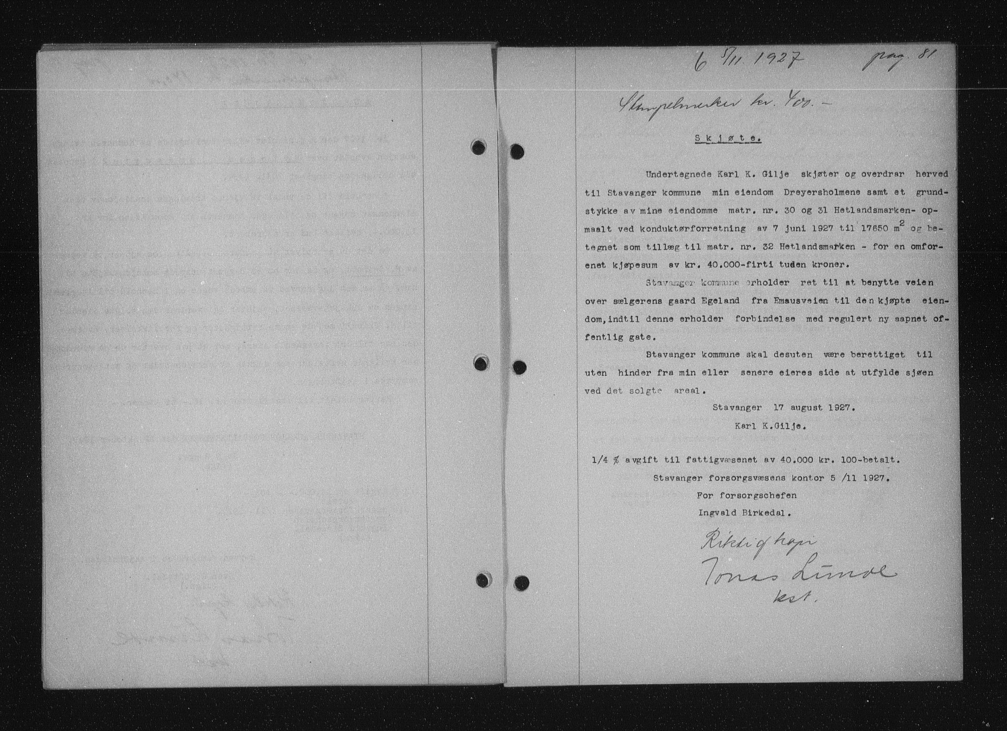 Stavanger byfogd, SAST/A-101408/001/4/41/410/410BB/L0053: Mortgage book no. 41, 1927-1928, Deed date: 05.11.1927