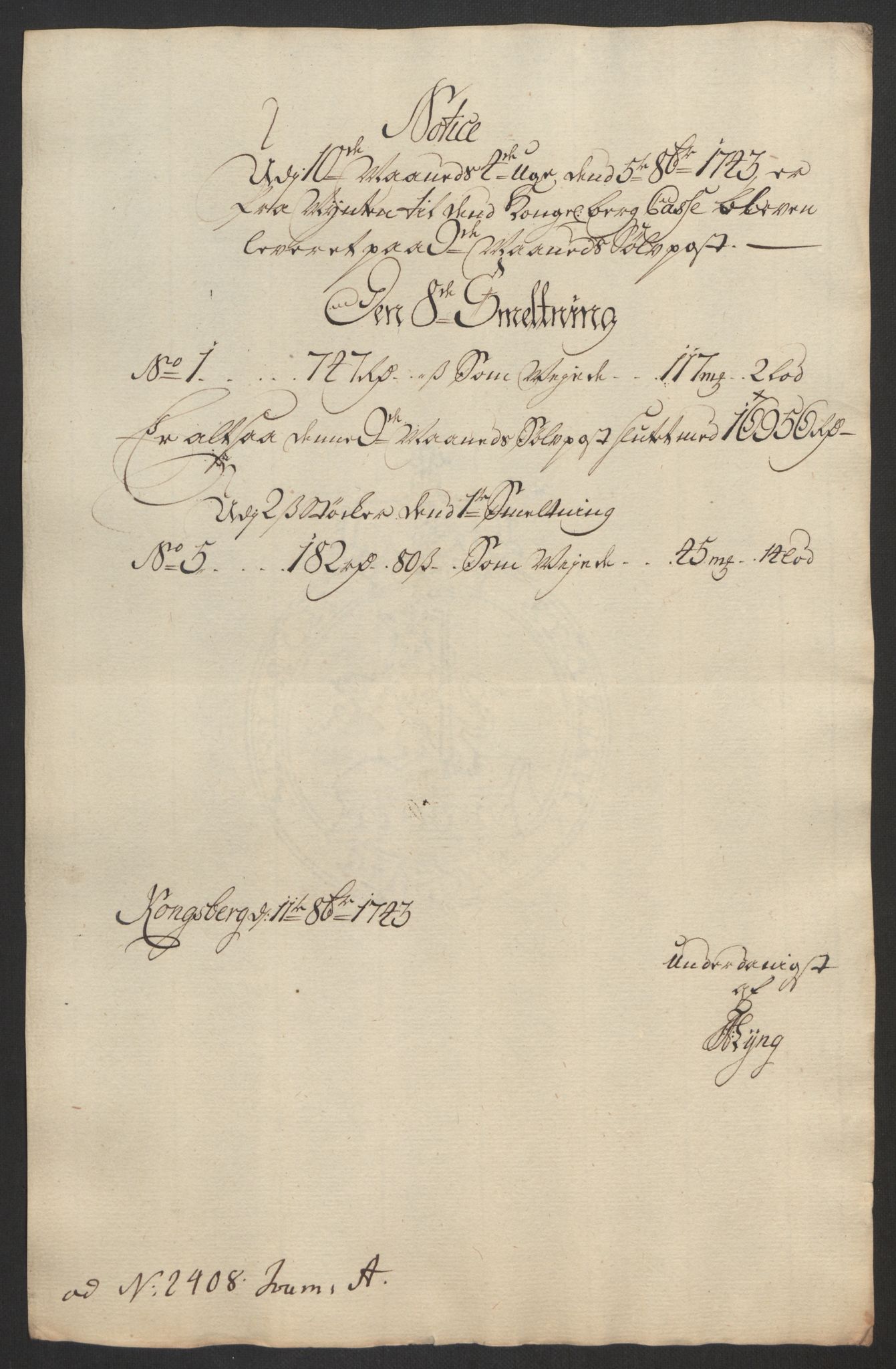 Rentekammeret inntil 1814, Realistisk ordnet avdeling, AV/RA-EA-4070/Oa/L0014: [Y17]: Forskjellige dokumenter om Kongsbergs mynt, 1723-1765, p. 153