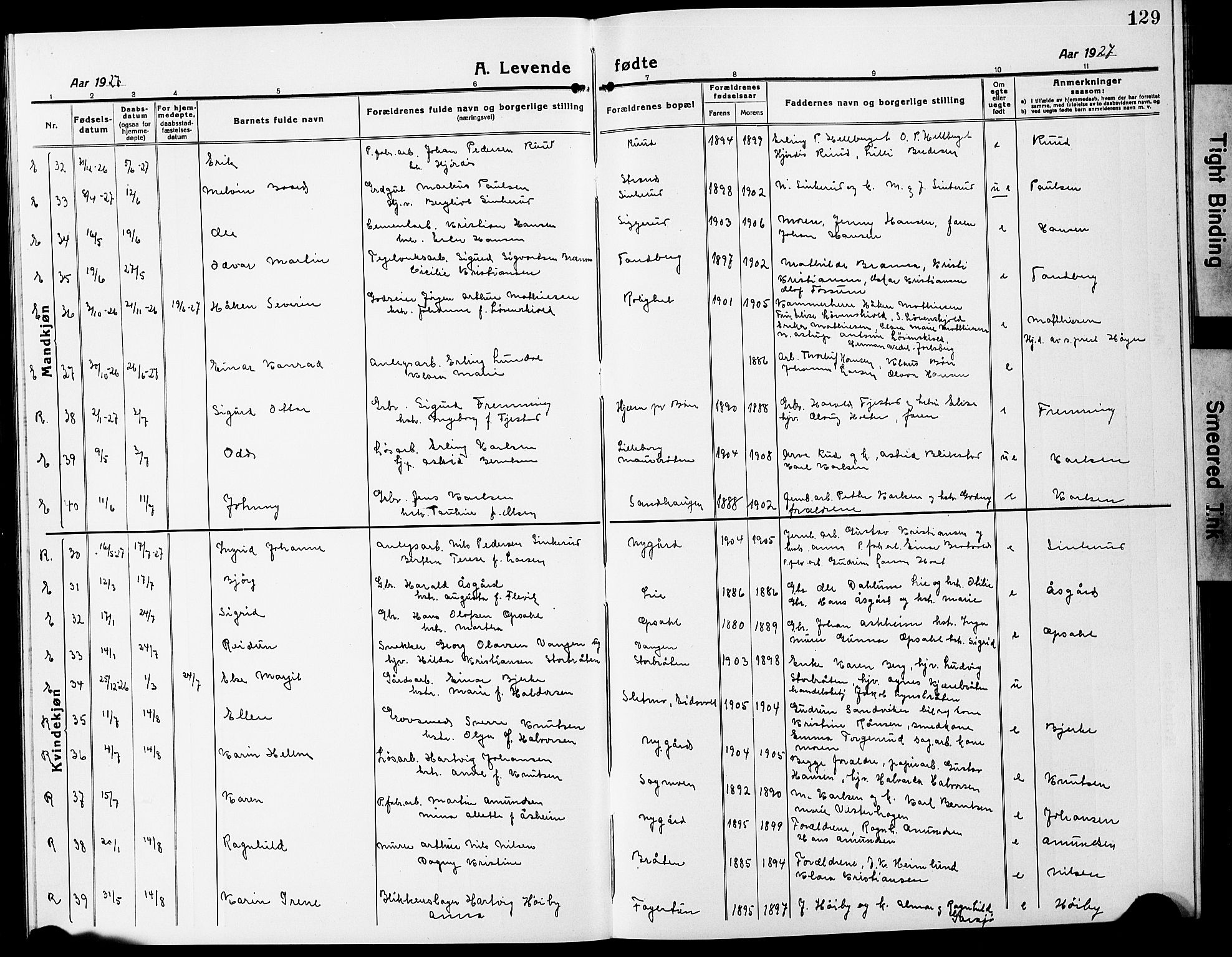 Eidsvoll prestekontor Kirkebøker, AV/SAO-A-10888/G/Ga/L0010: Parish register (copy) no. I 10, 1919-1929, p. 129