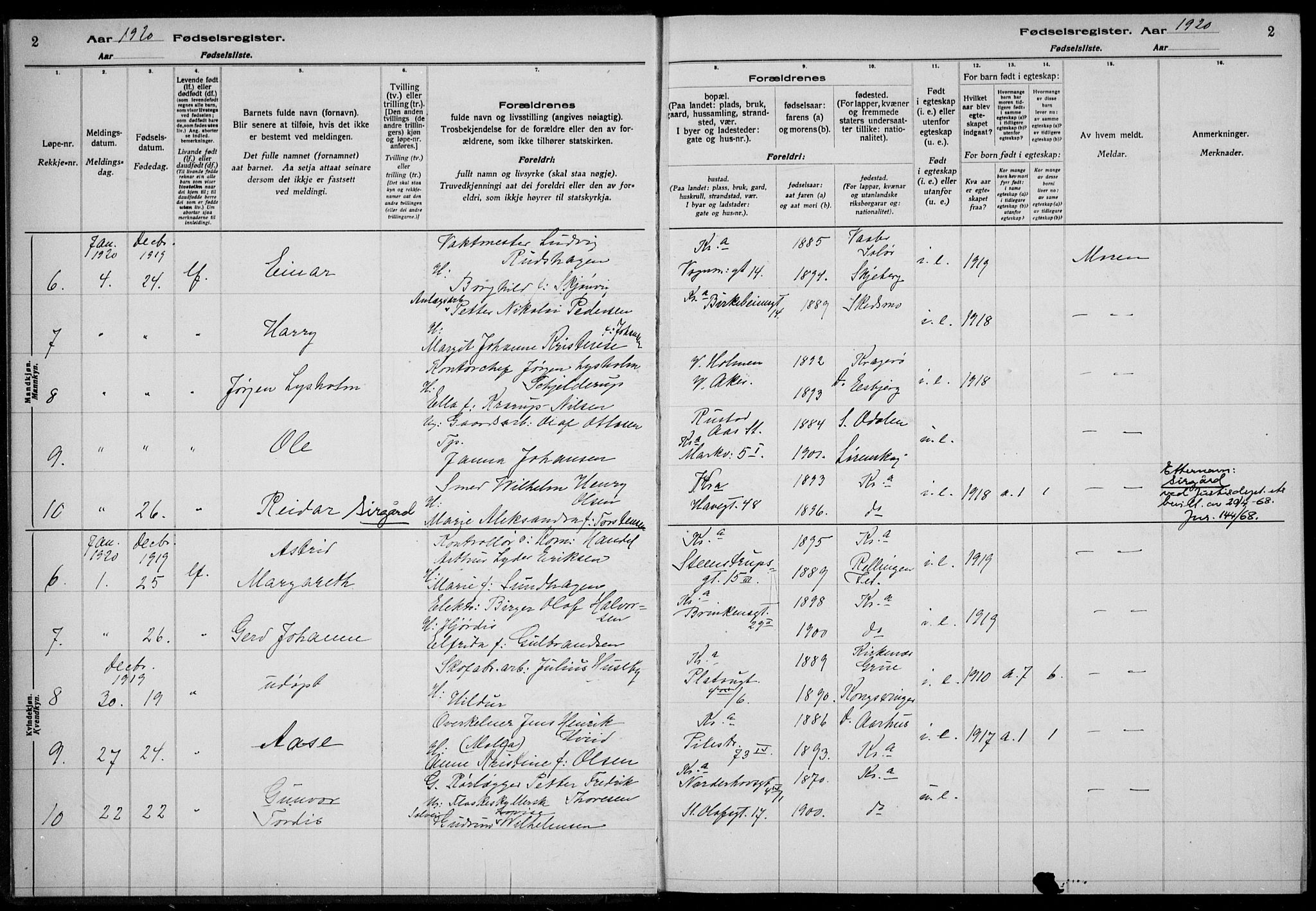 Rikshospitalet prestekontor Kirkebøker, AV/SAO-A-10309b/J/L0005: Birth register no. 5, 1920-1920, p. 2